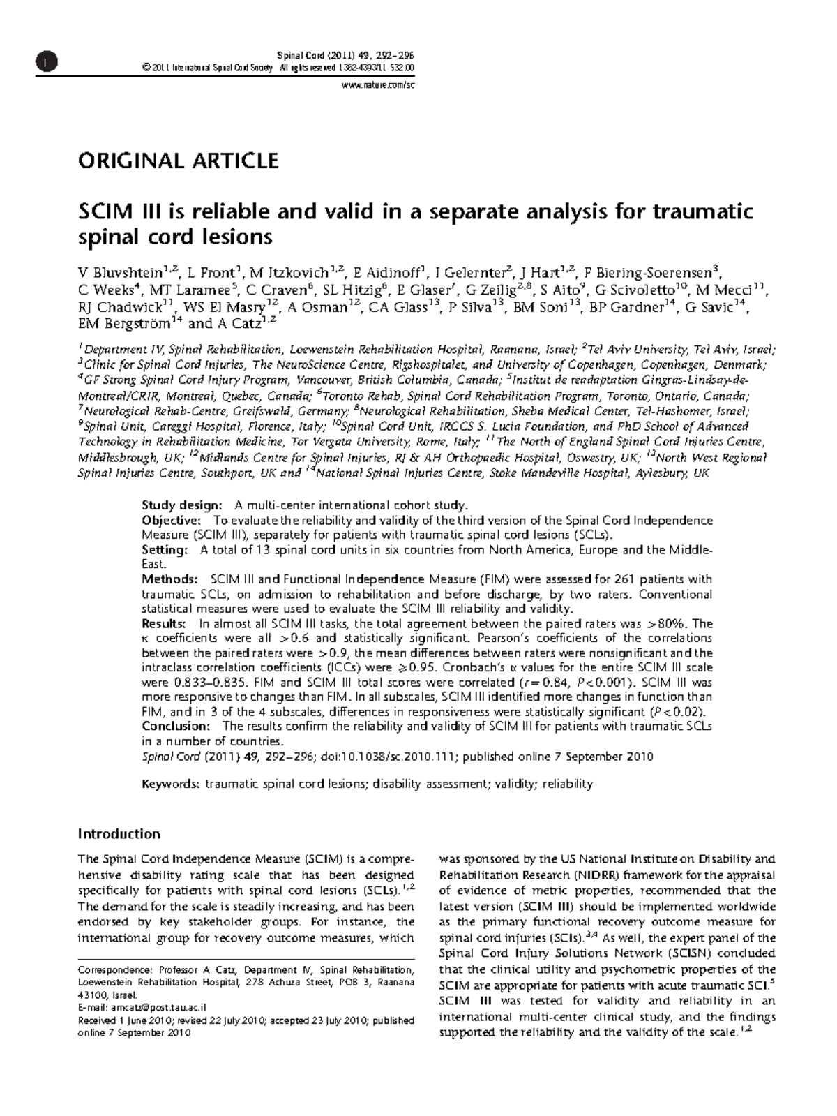 SCIM III is reliable and valid in a separate analysis for traumatic ...