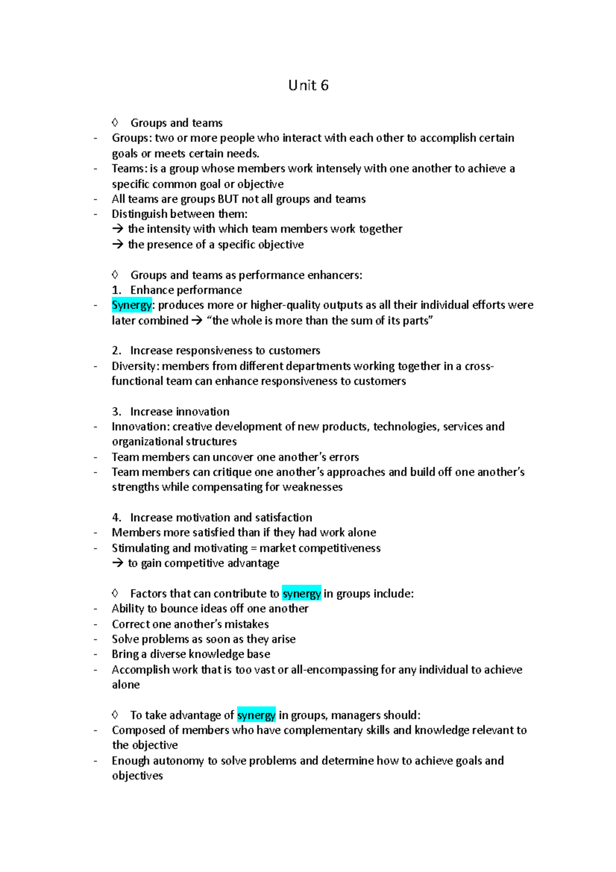 Business Management 114: Unit 6 - Managing Groups and Teams - Studocu