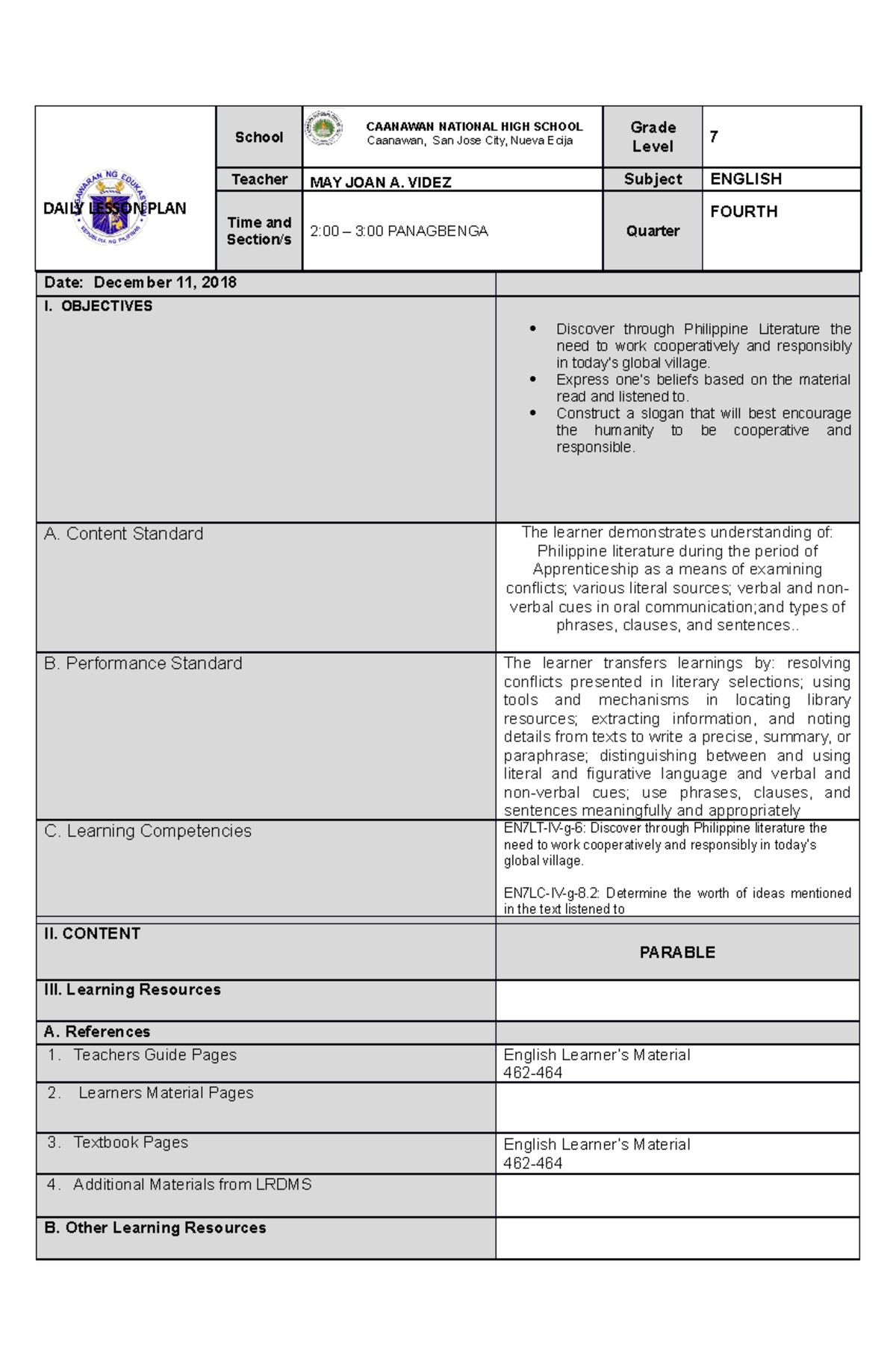 COT 1Q - Daily Lesson Plan for 7th Grade English Class - Studocu
