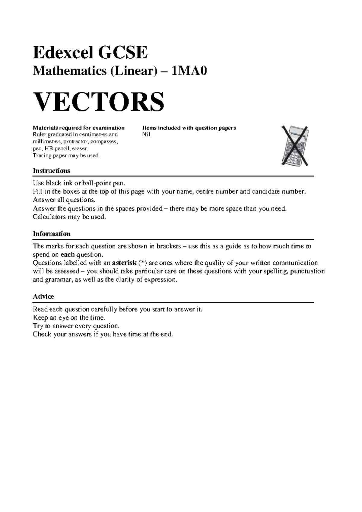 Edexcel GCSE Mathematics (Linear) 1MA0 Vectors Exam Instructions and ...