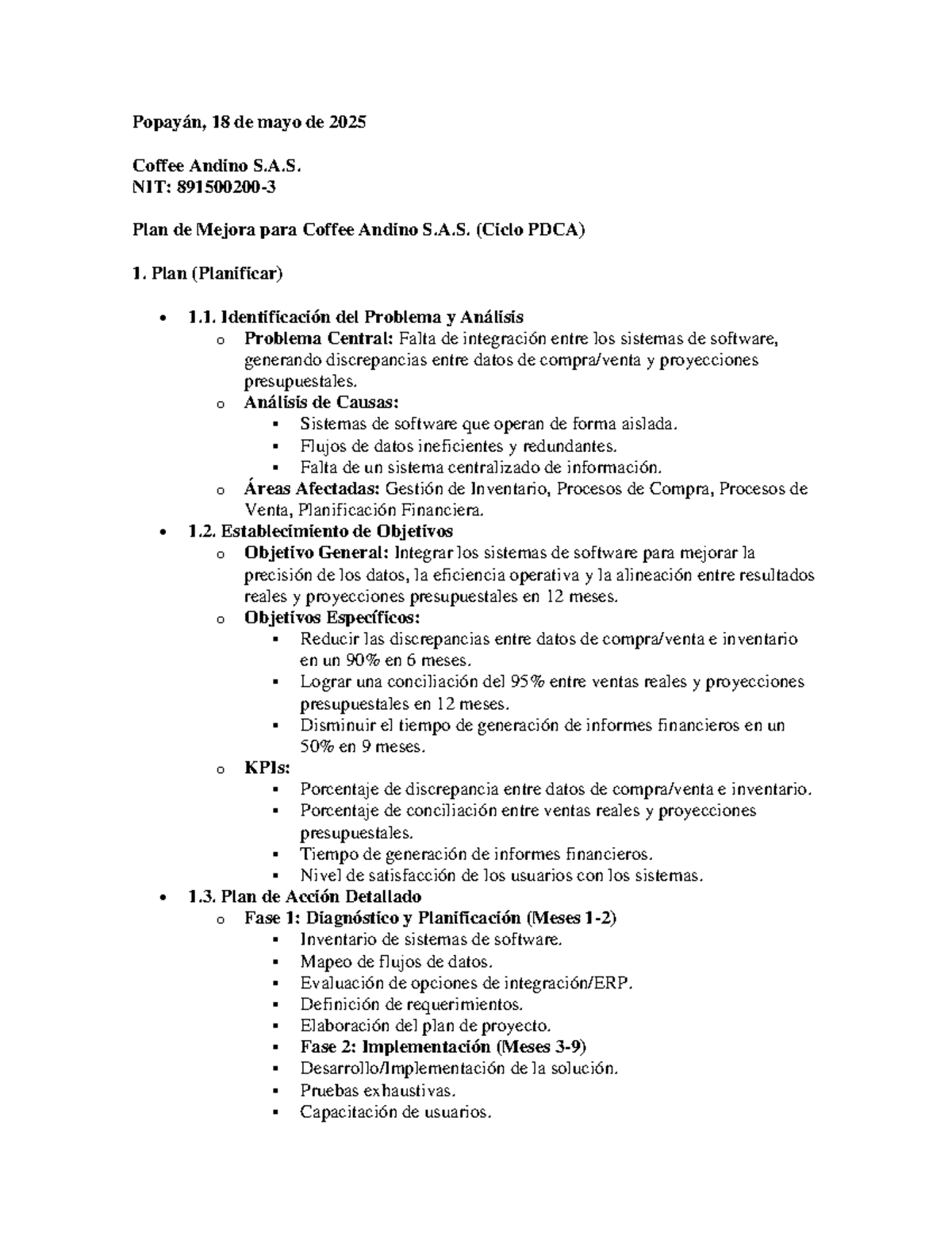 Plan de Mejora para Coffee Andino S.A.S. (Ciclo PDCA) - 2025 - Studocu