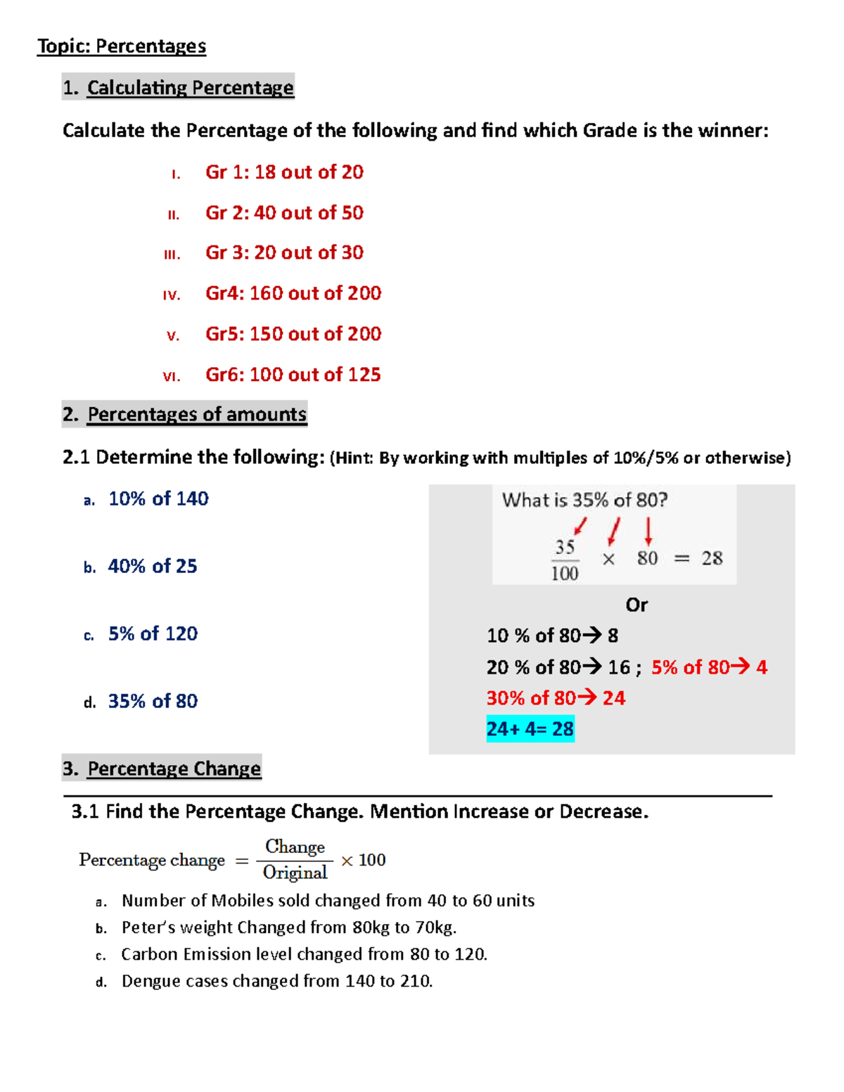 Gr7 Percentages Practice: Calculations & Changes - Studocu