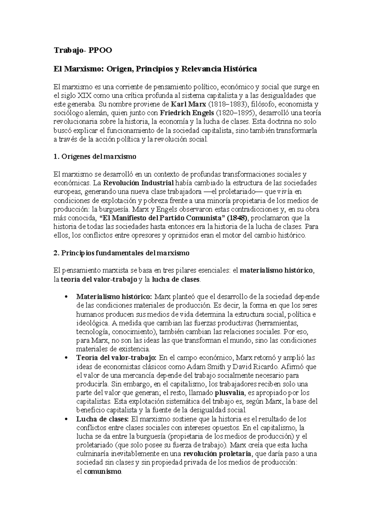 PPOO Trabajo sobre El Marxismo: Origen y Principios Históricos - Studocu