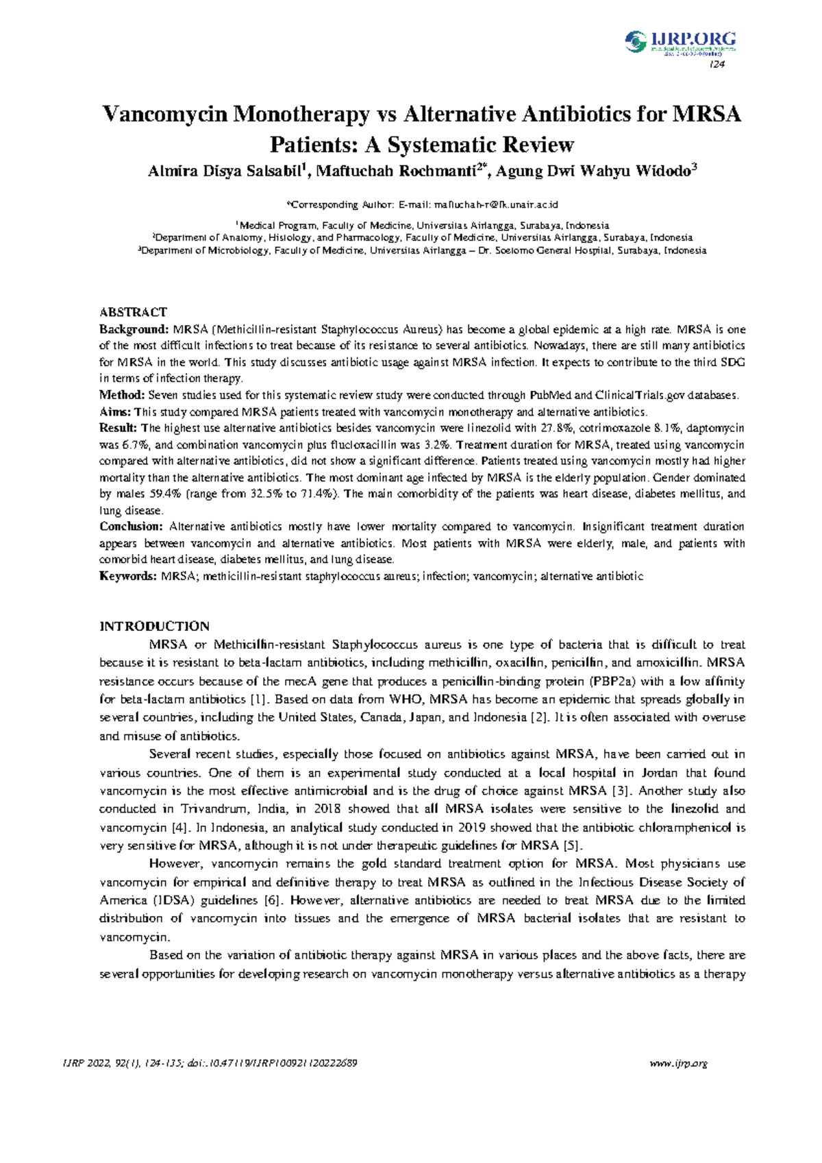 Systematic Review: Vancomycin Monotherapy vs Alt Antibiotics for MRSA ...