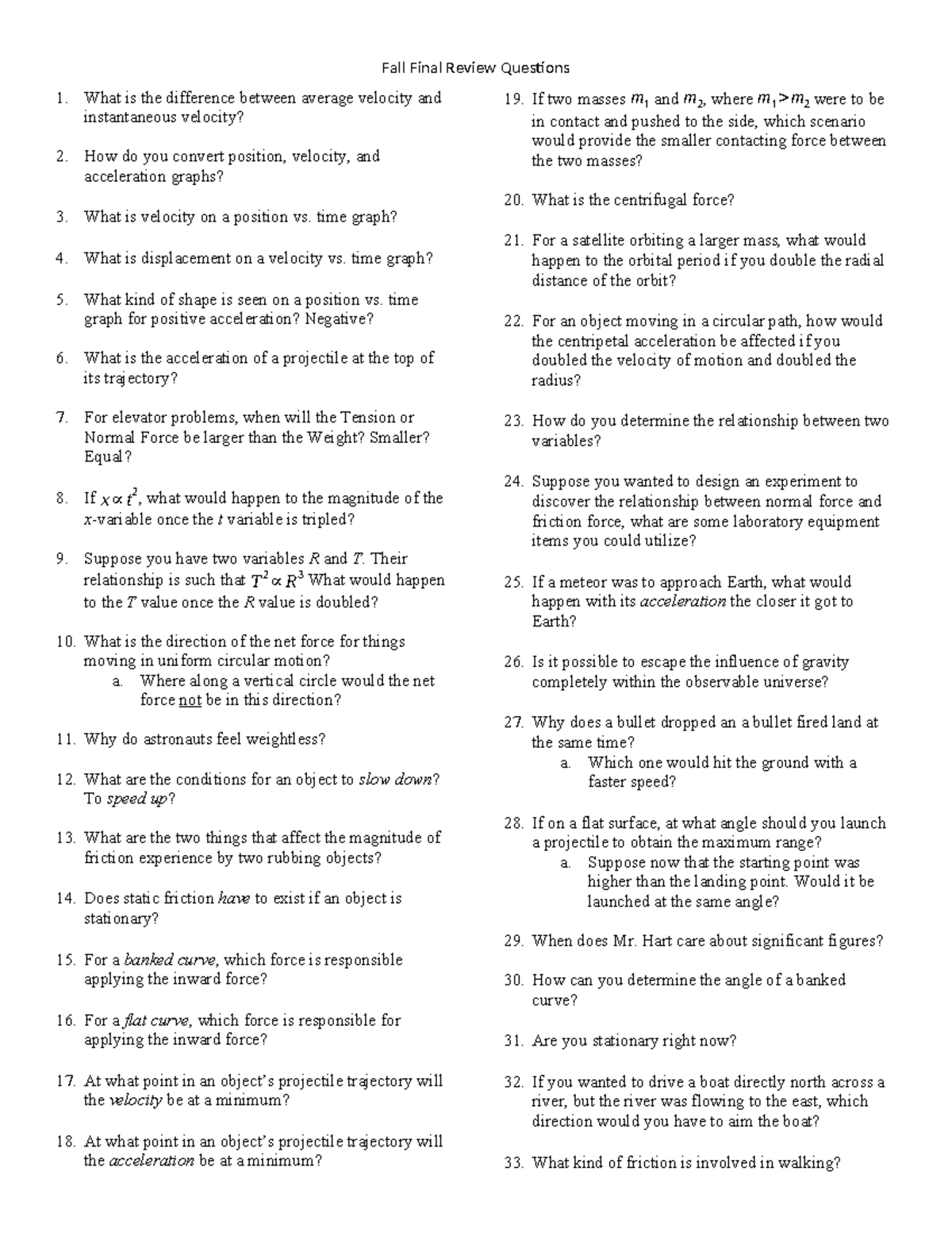 Physics 1 Fall Final Exam Review Questions and Key Concepts - Studocu
