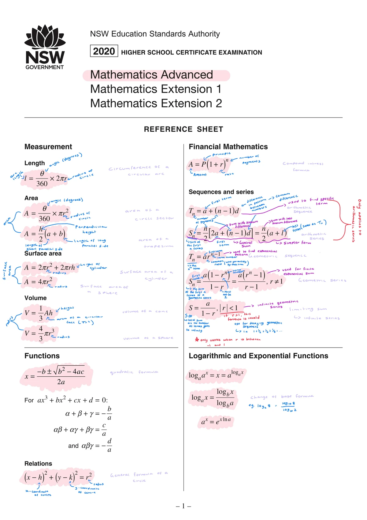 Advanced Maths Formula Sheet: Differential & Integral Calculus - Studocu