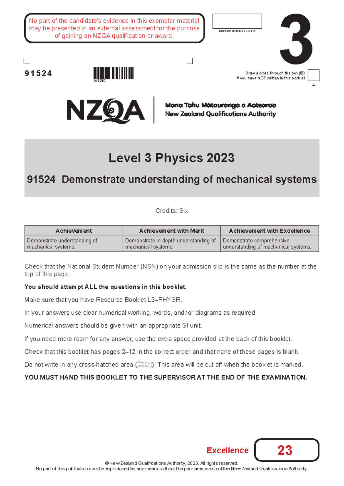 Excellence Example 2023 for Mechanics - Level 3 Physics 91524 - Studocu