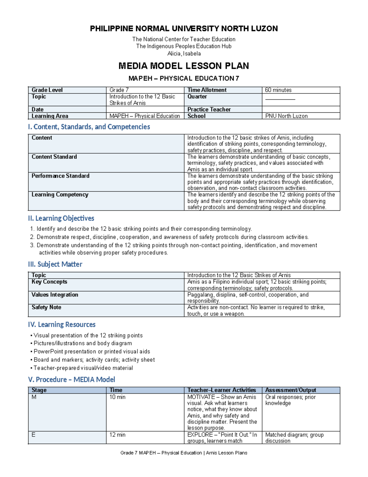 Revised Lesson Plans for Grade 7 MAPEH Physical Education: Arnis - Studocu