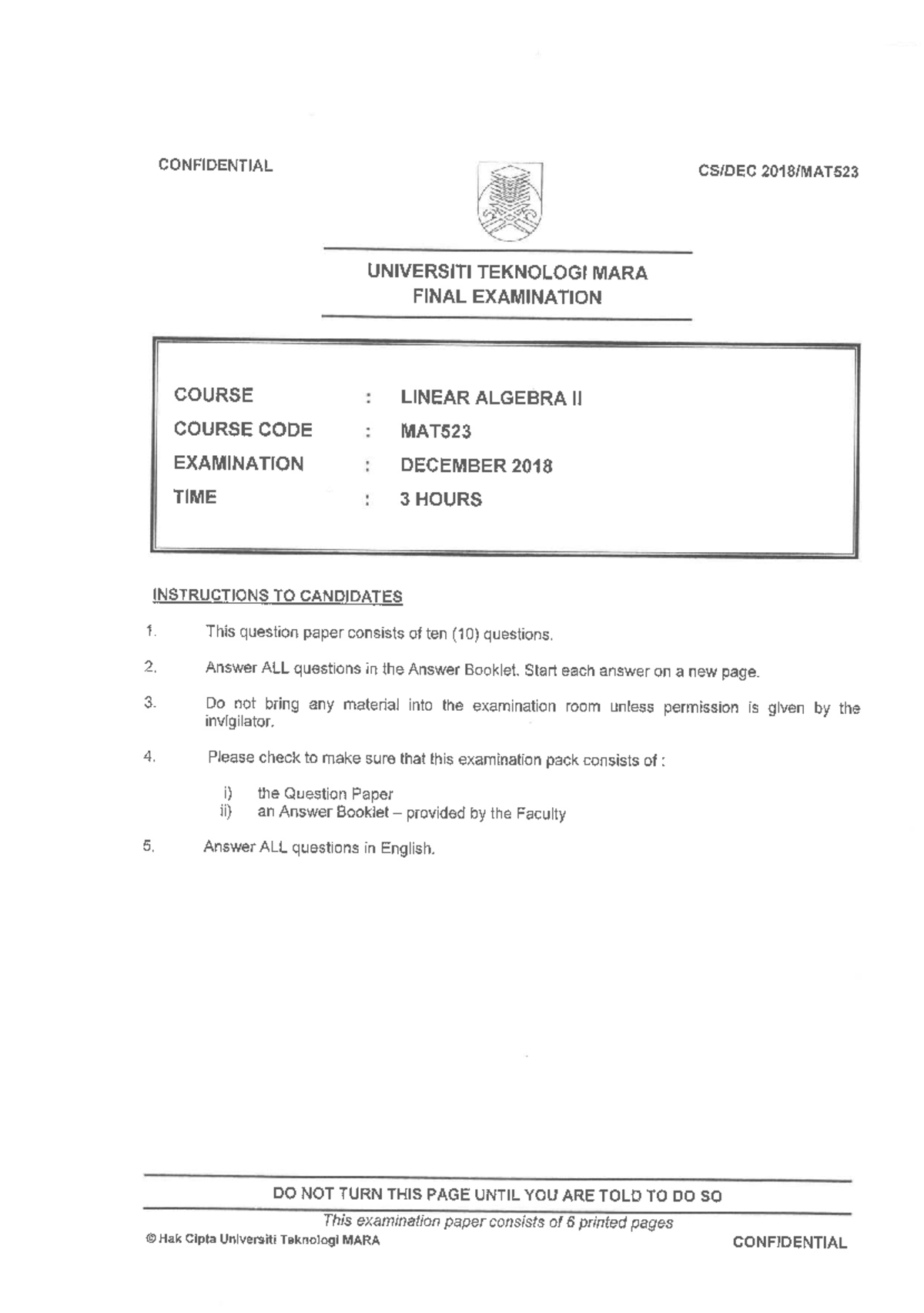 MAT523 Final Exam December 2018 - Linear Algebra II Questions - Studocu