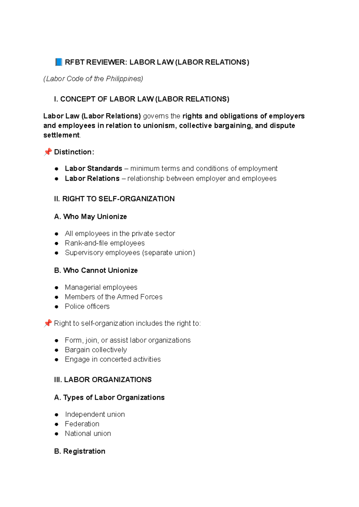 RFBT REVIEWER: LABOR LAW (LABOR RELATIONS) - LAST MINUTE NOTES - Studocu