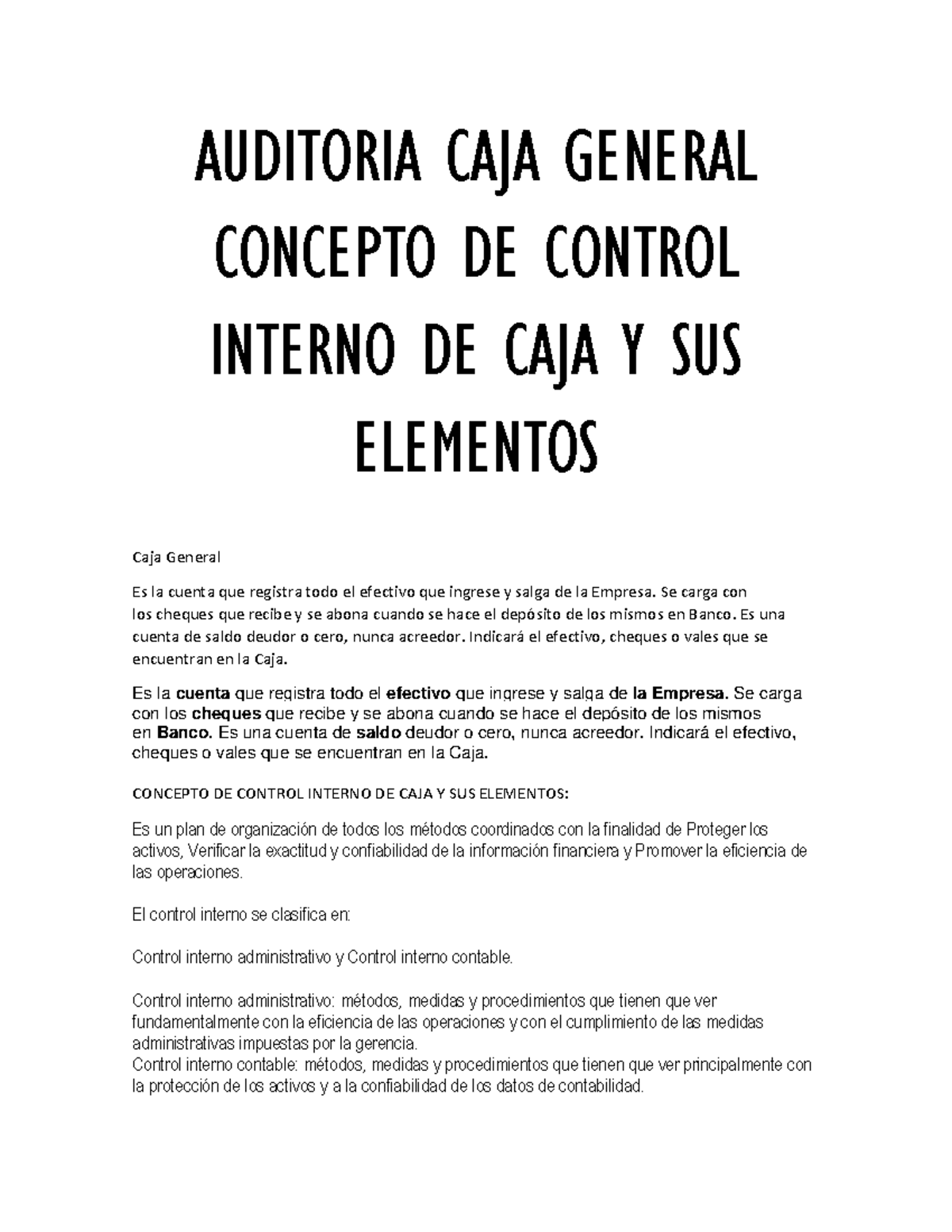 Auditoría de Control Interno de Caja General y Sus Elementos - Studocu