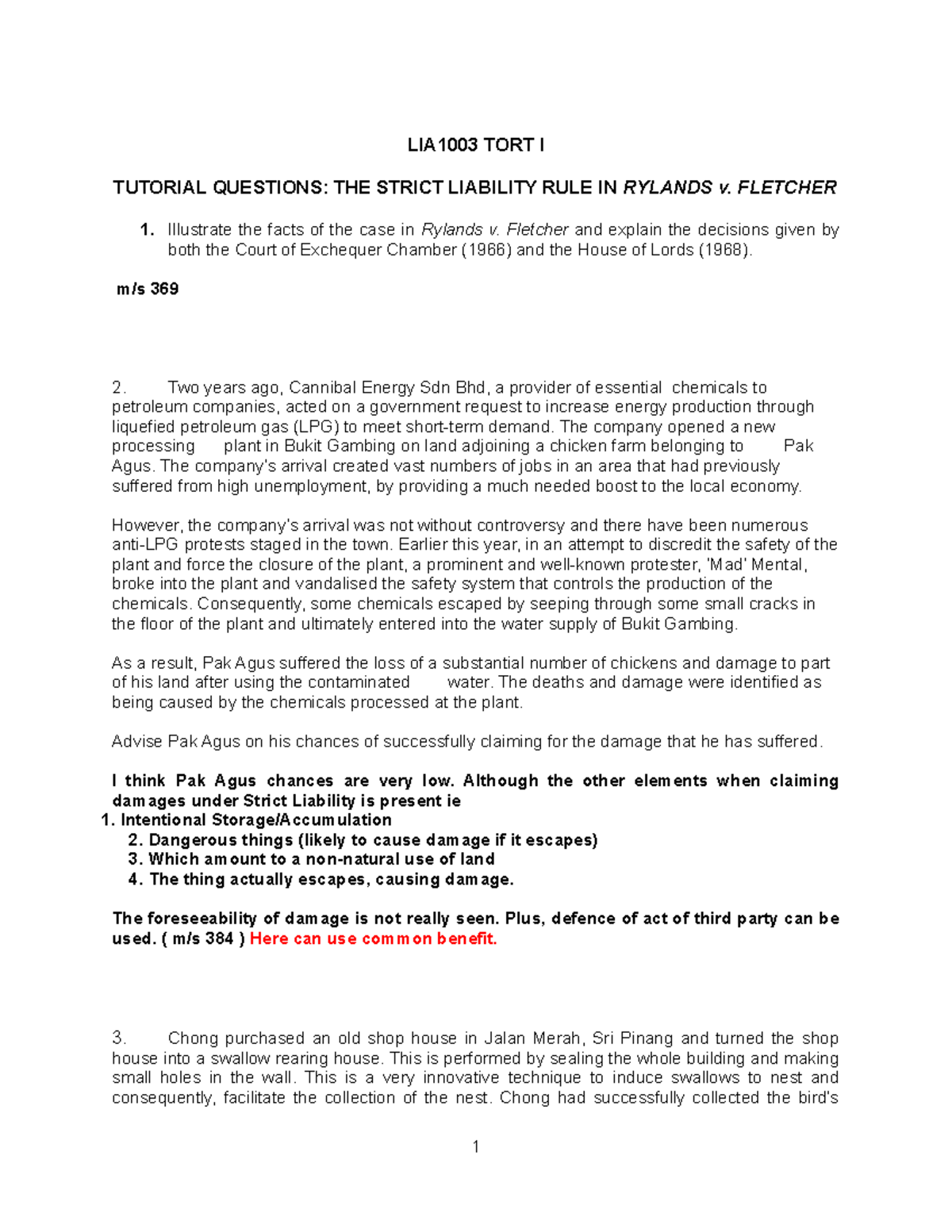 LIA1003 TORT I Tutorial: Examining Strict Liability in Rylands v ...