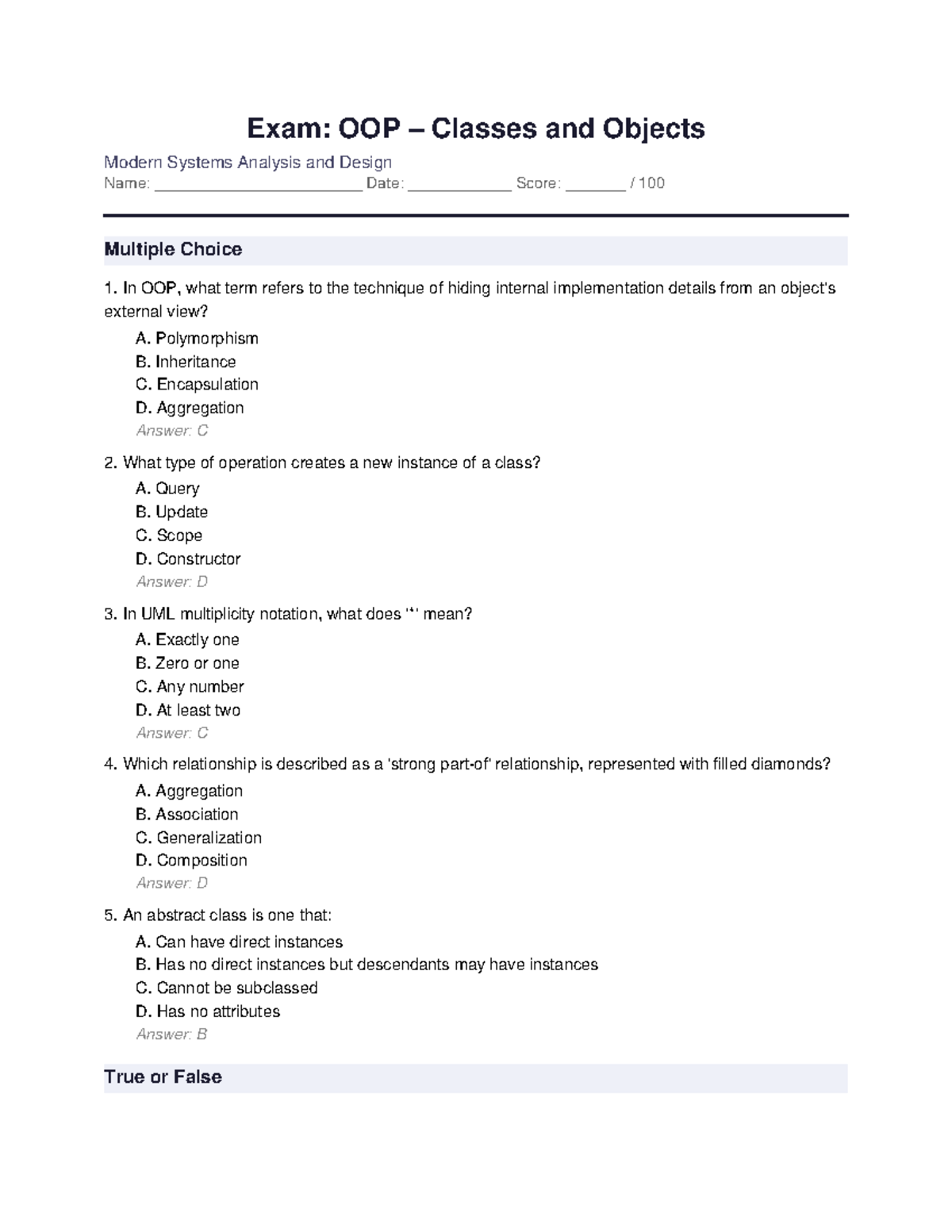 OOP Classes and Objects Exam: Lecture 8 Review - Studocu