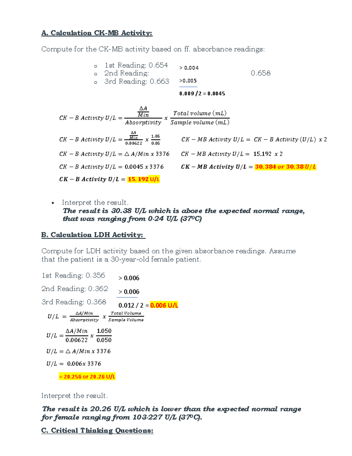 CKMB-LDH Lab Report Analysis - Cchmlab 312 by Gascon - Studocu