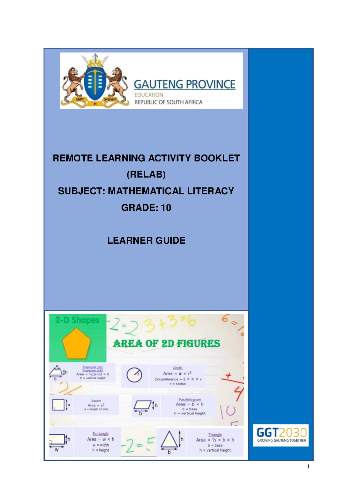 MATH LIT Learner Guide RELAB Grade 10 Term 1 Activities & Worksheets ...