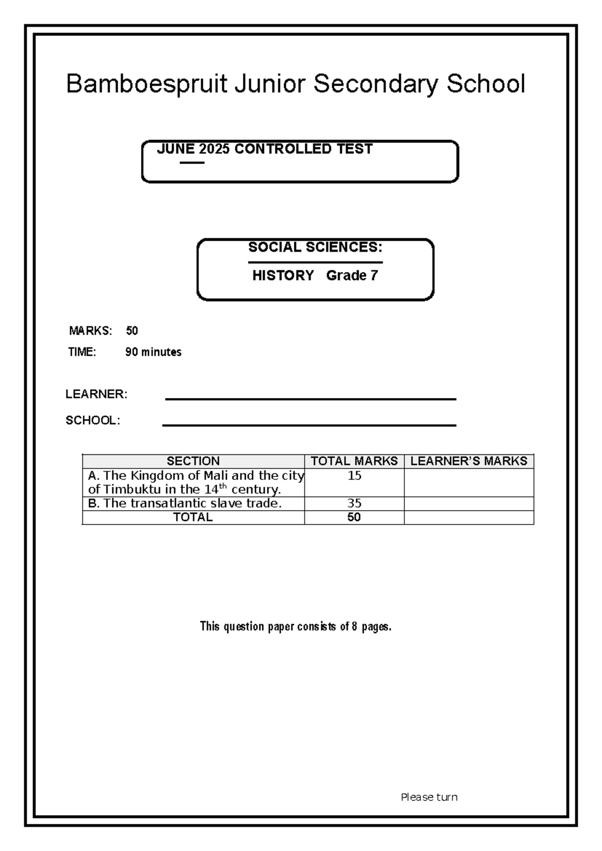 GR 7 SS History Controlled Test: The Kingdom of Mali & Slave Trade ...