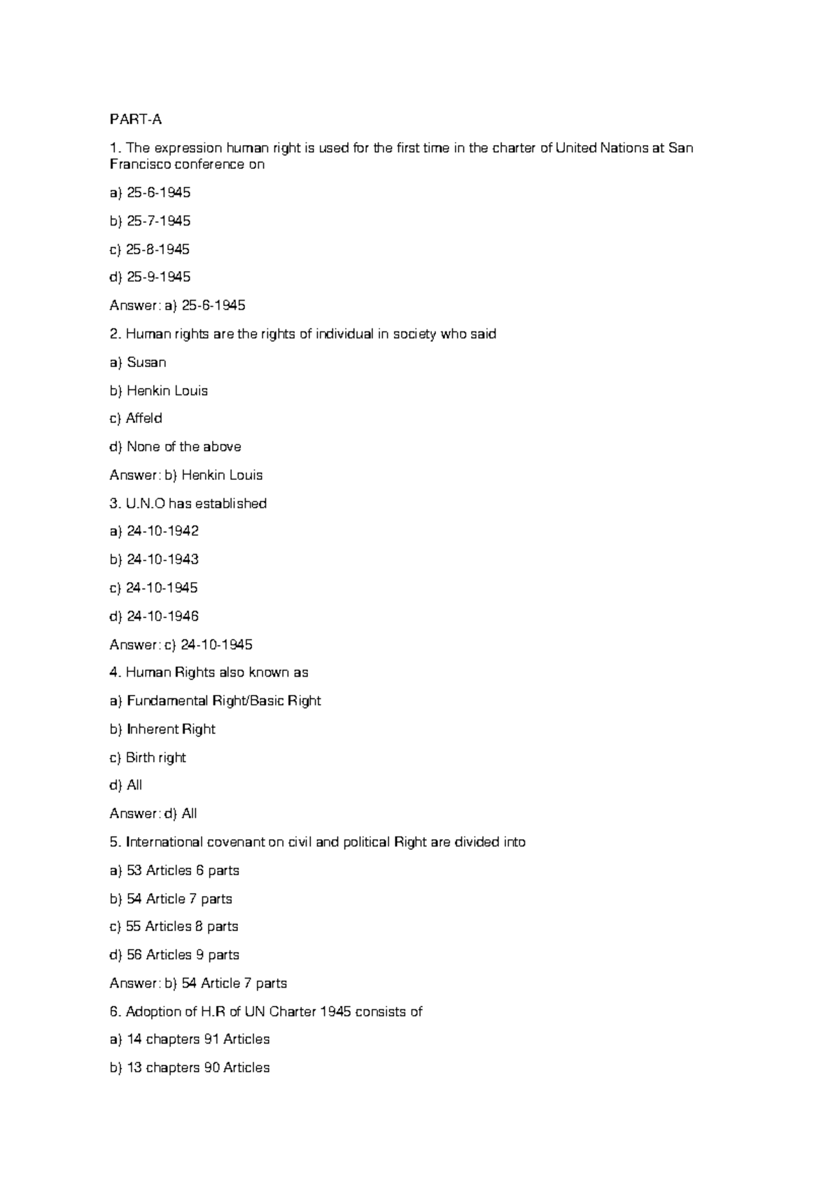 Human Rights Quiz (Course Code: HRS101) - Answer Key and Insights - Studocu