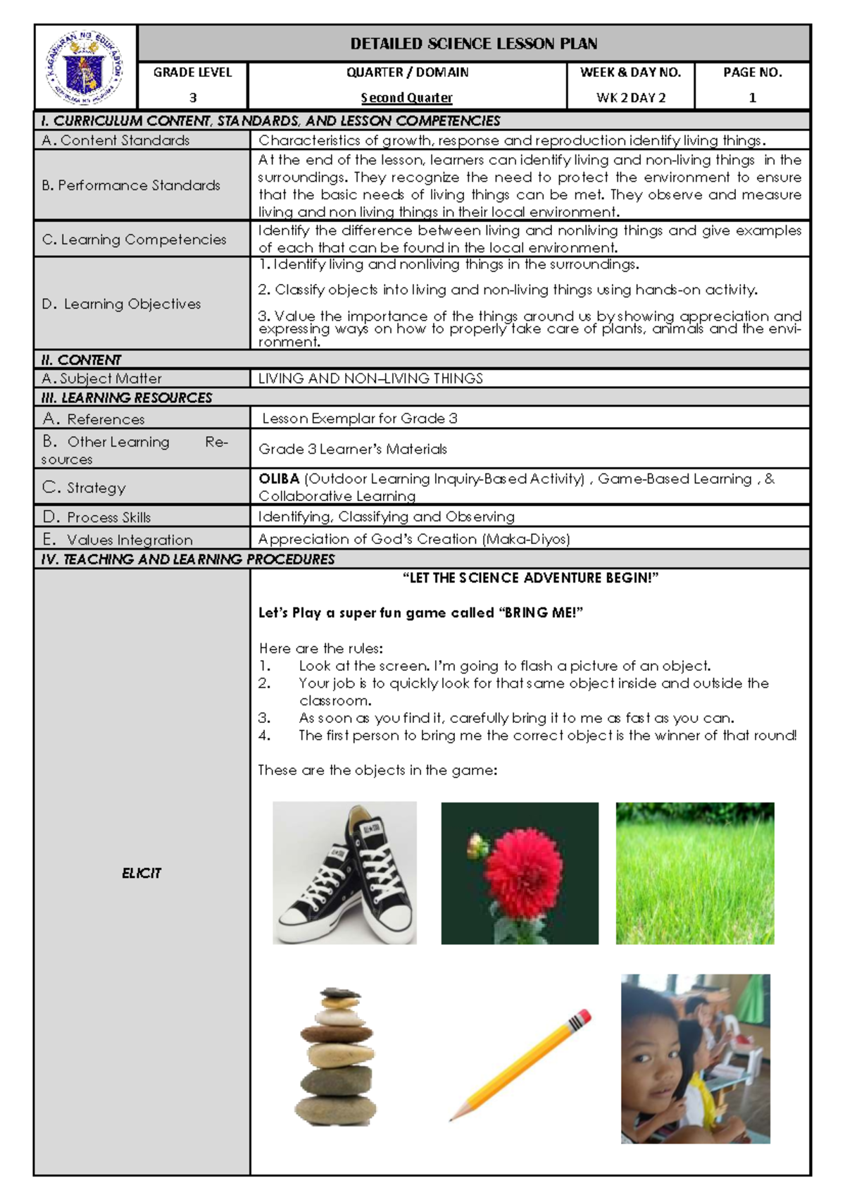 Grade 3 Science Lesson Plan: Living and Non-Living Things (SBTT) - Studocu