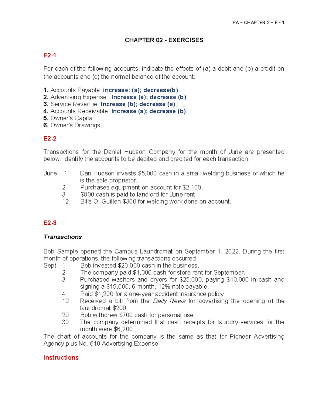 PA CHAPTER 2 EXERCISES: Account Effects and Transactions Analysis - Studocu
