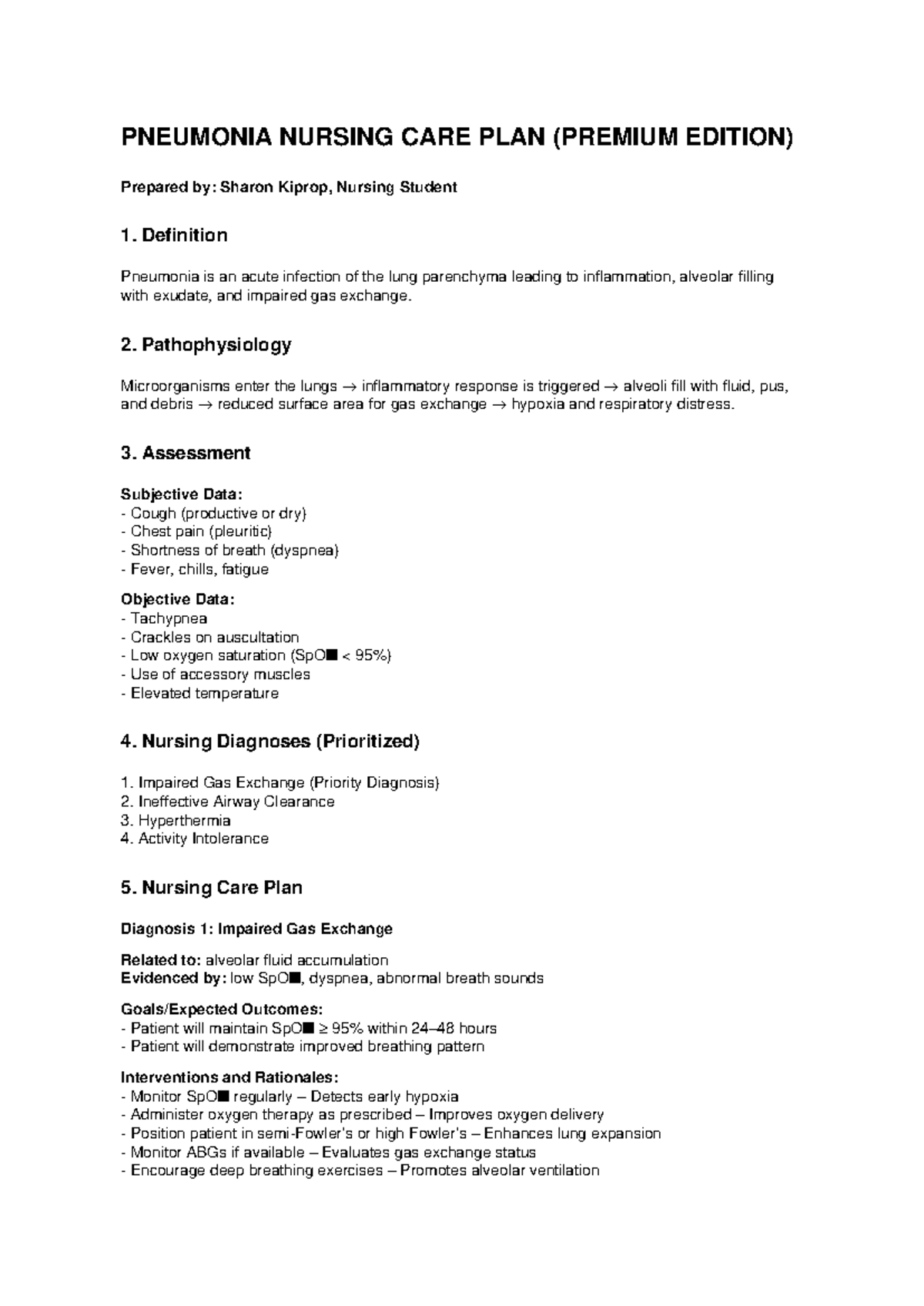 PNEUMONIA NURSING CARE PLAN (ASSESSMENT & INTERVENTIONS) - Studocu
