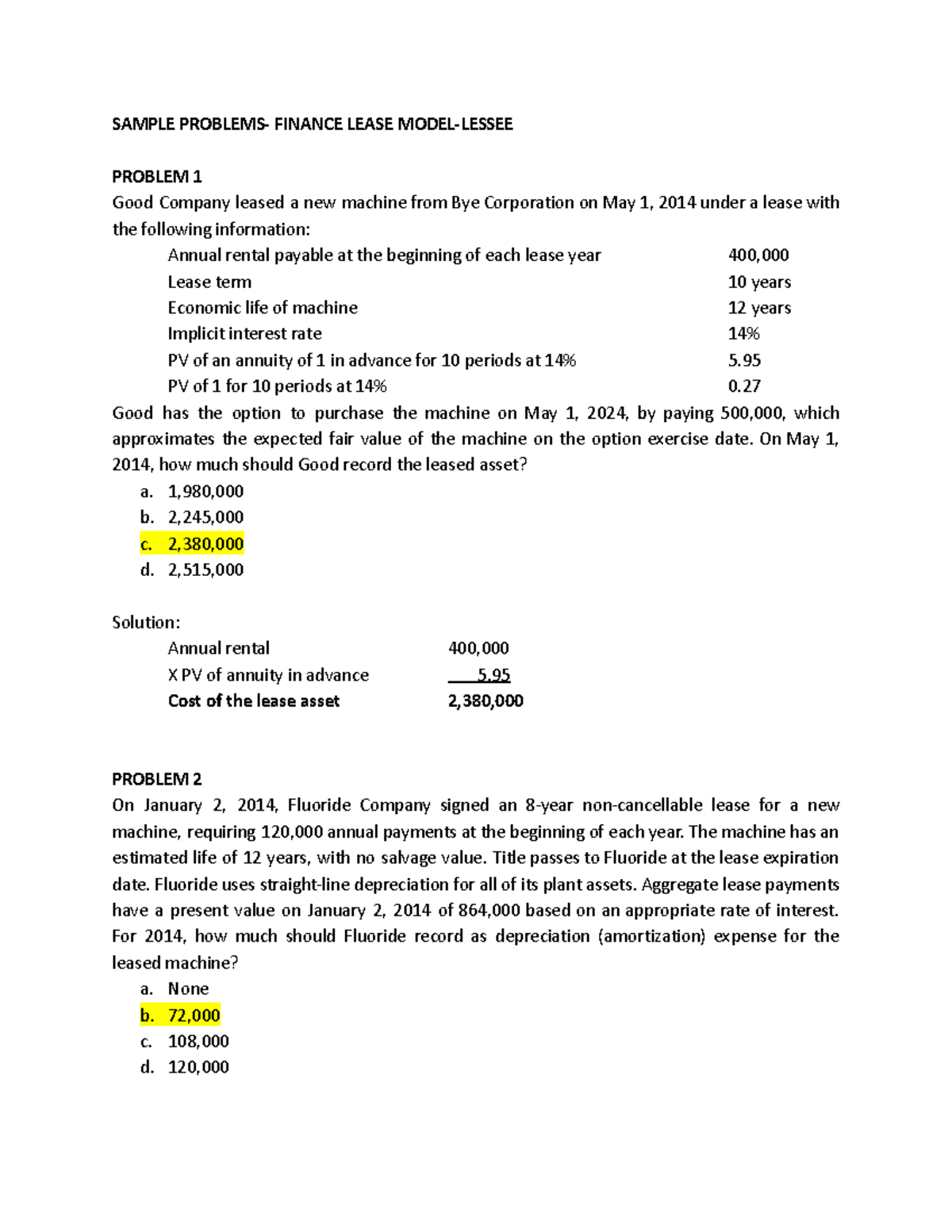 C10 Sample Problems - Finance Lease Model for Lessees - Studocu