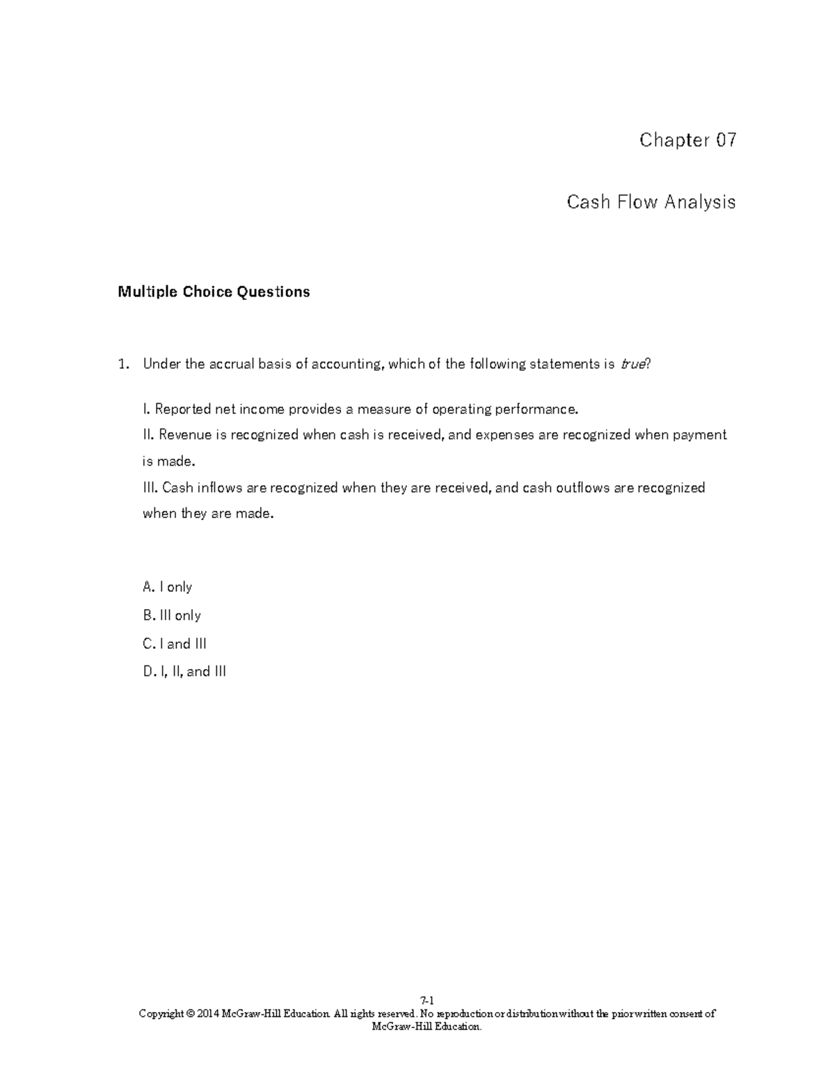 Chapter 07 Cash Flow Analysis MCQs - Testbank for Accounting 101 - Studocu