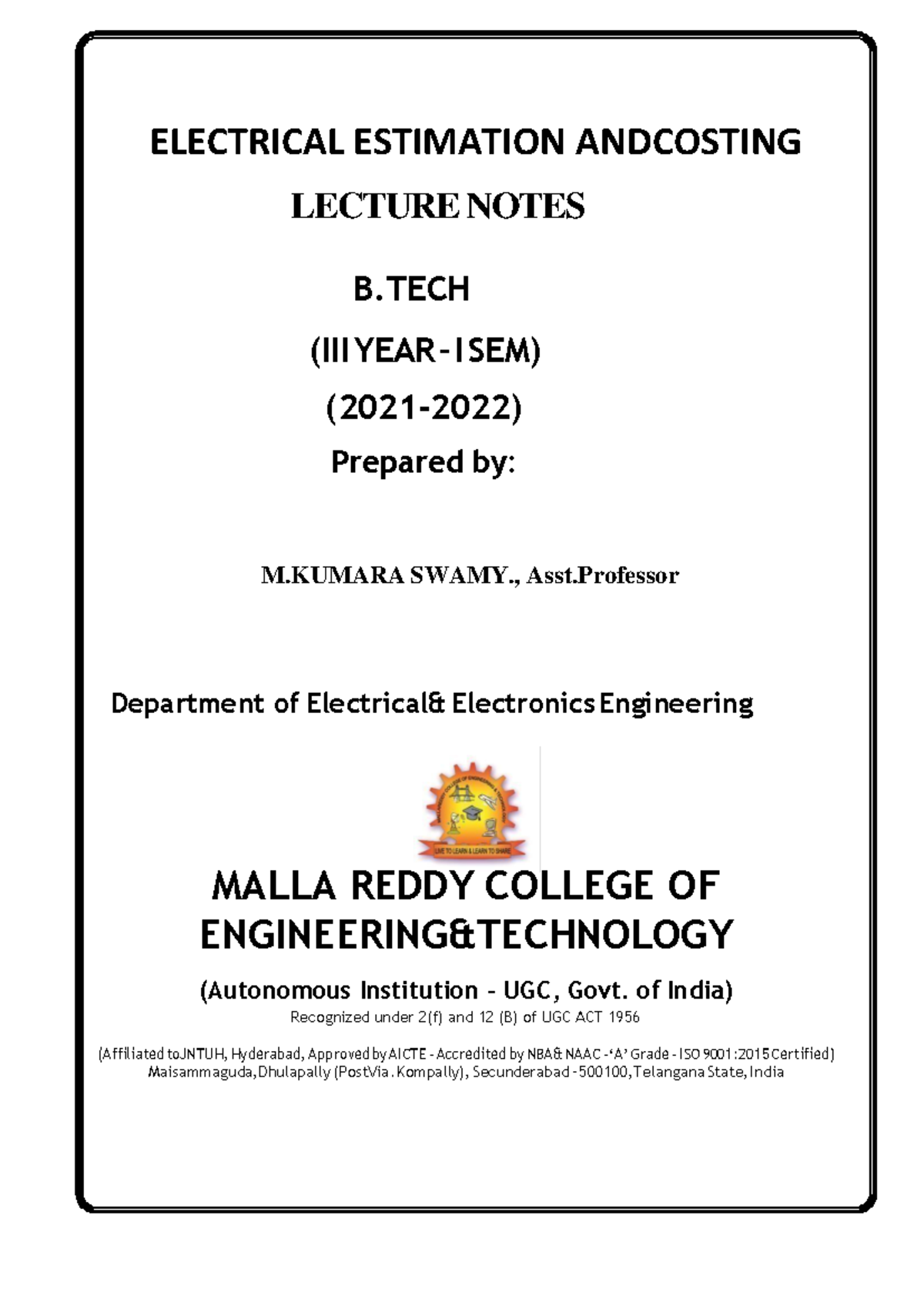 Electrical Estimating and Costing Lecture Notes (R20A0215) - Studocu