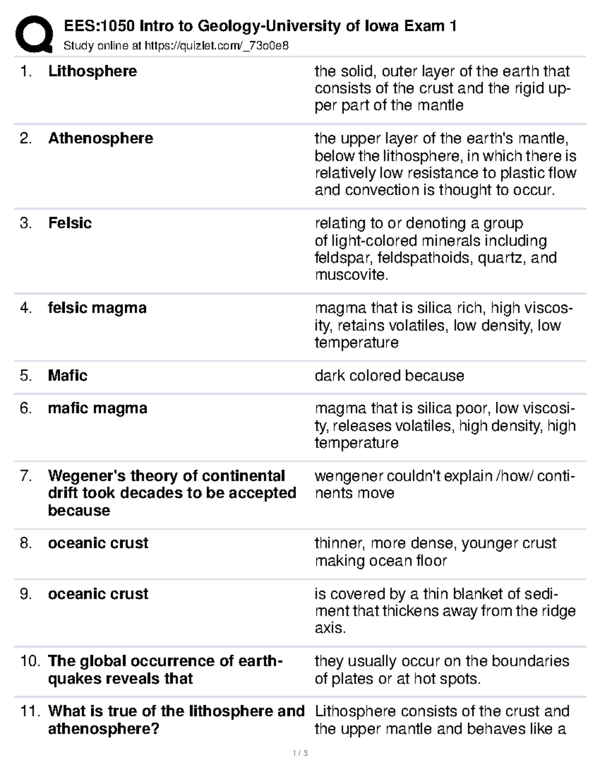 EES:1050 Geology Quiz Guide for Exam 1 Prep at UIowa - Studocu