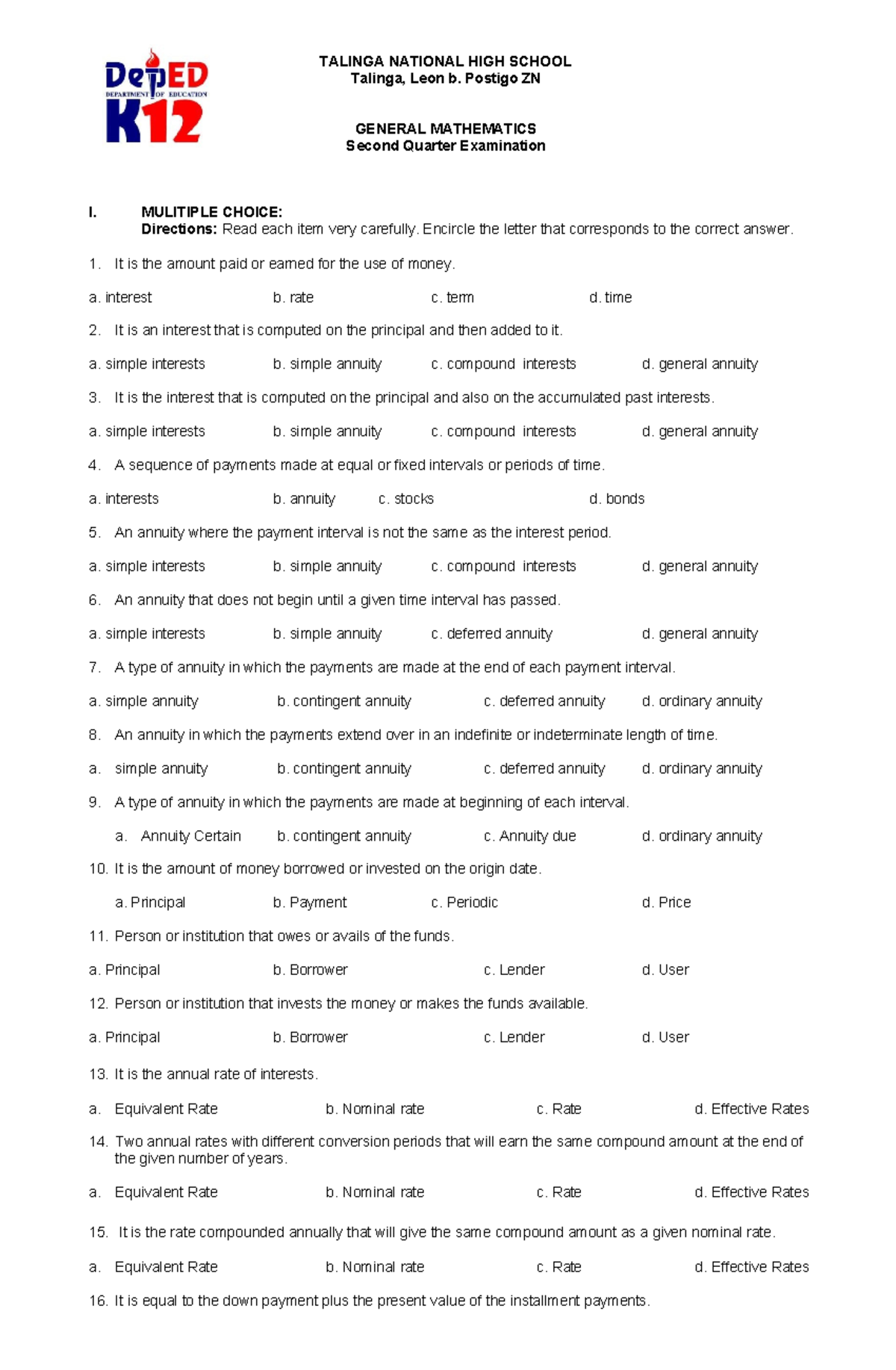 GEN MATH 2nd Quarter Exam: Multiple Choice Questions & Answer Key - Studocu