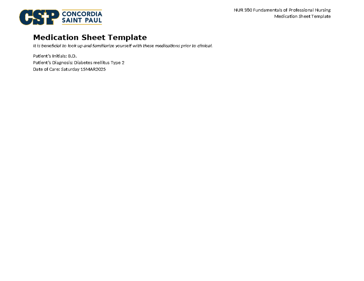 NUR 380 Clinical Medication Sheet Template for Diabetes Management ...