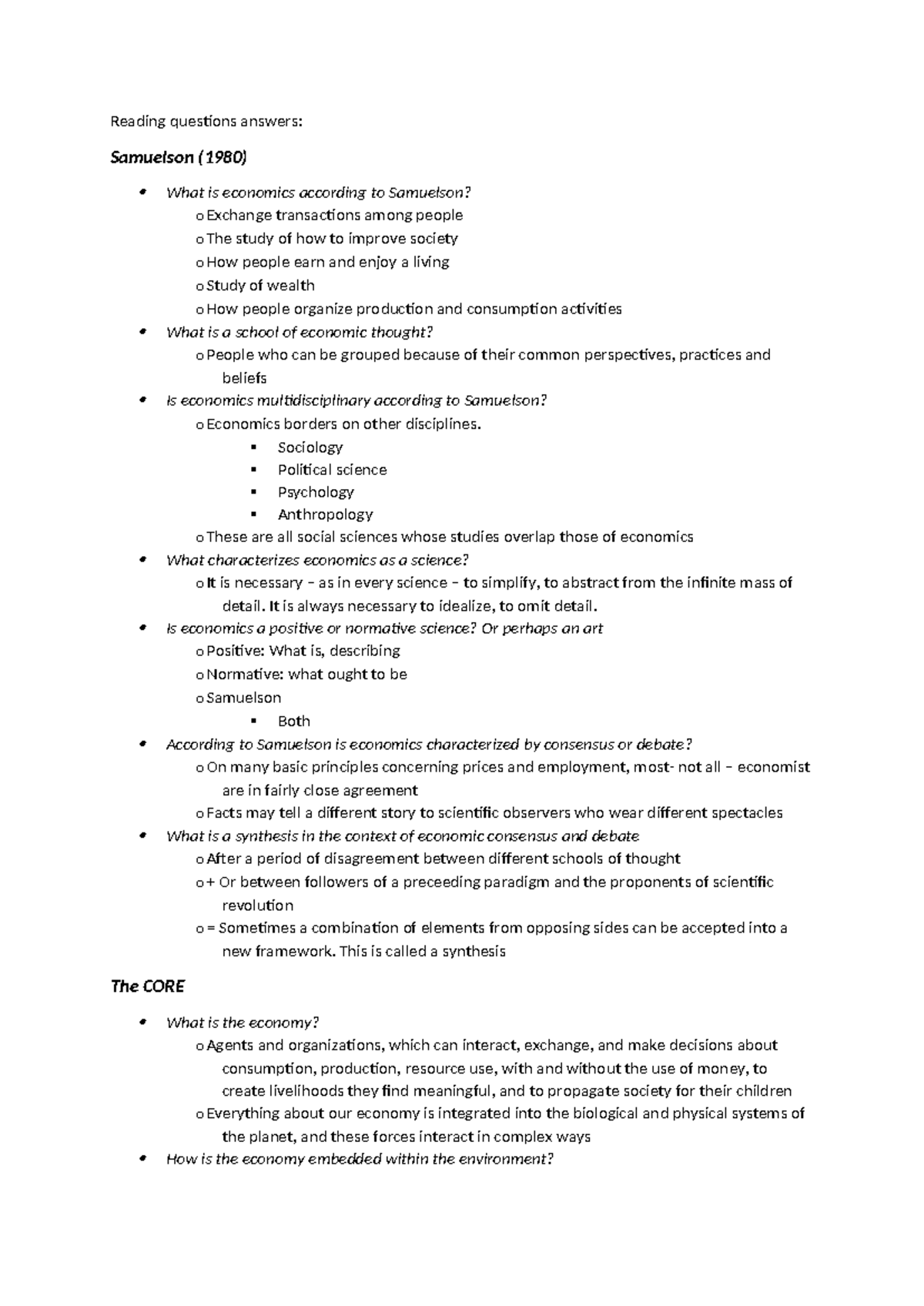 Samuelson vs CORE: Key Economic Concepts and Models Explained - Studeersnel