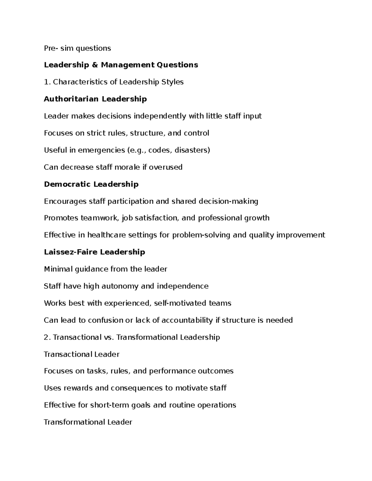 Presim Questions on Leadership & Management in Nursing - Studocu