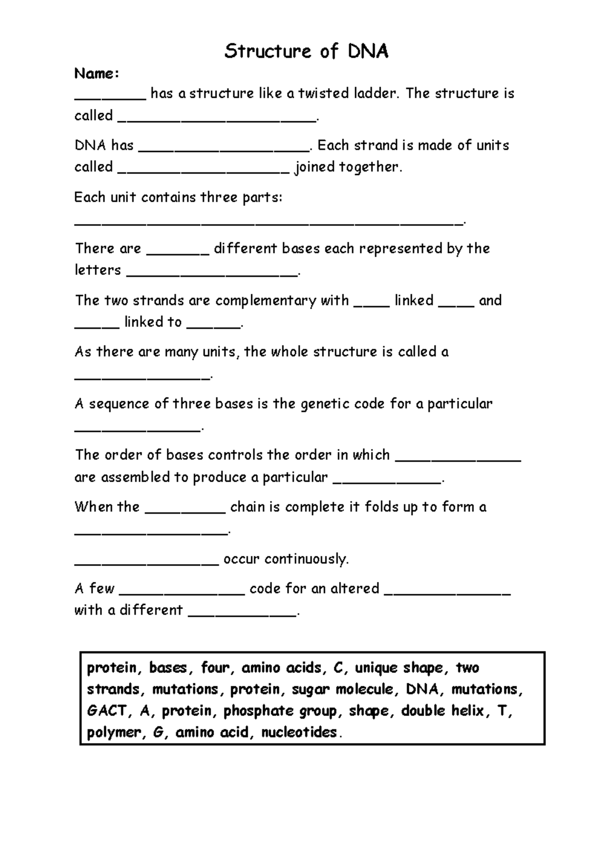 DNA Structure Worksheet Plenary: Understanding the Double Helix - Studocu