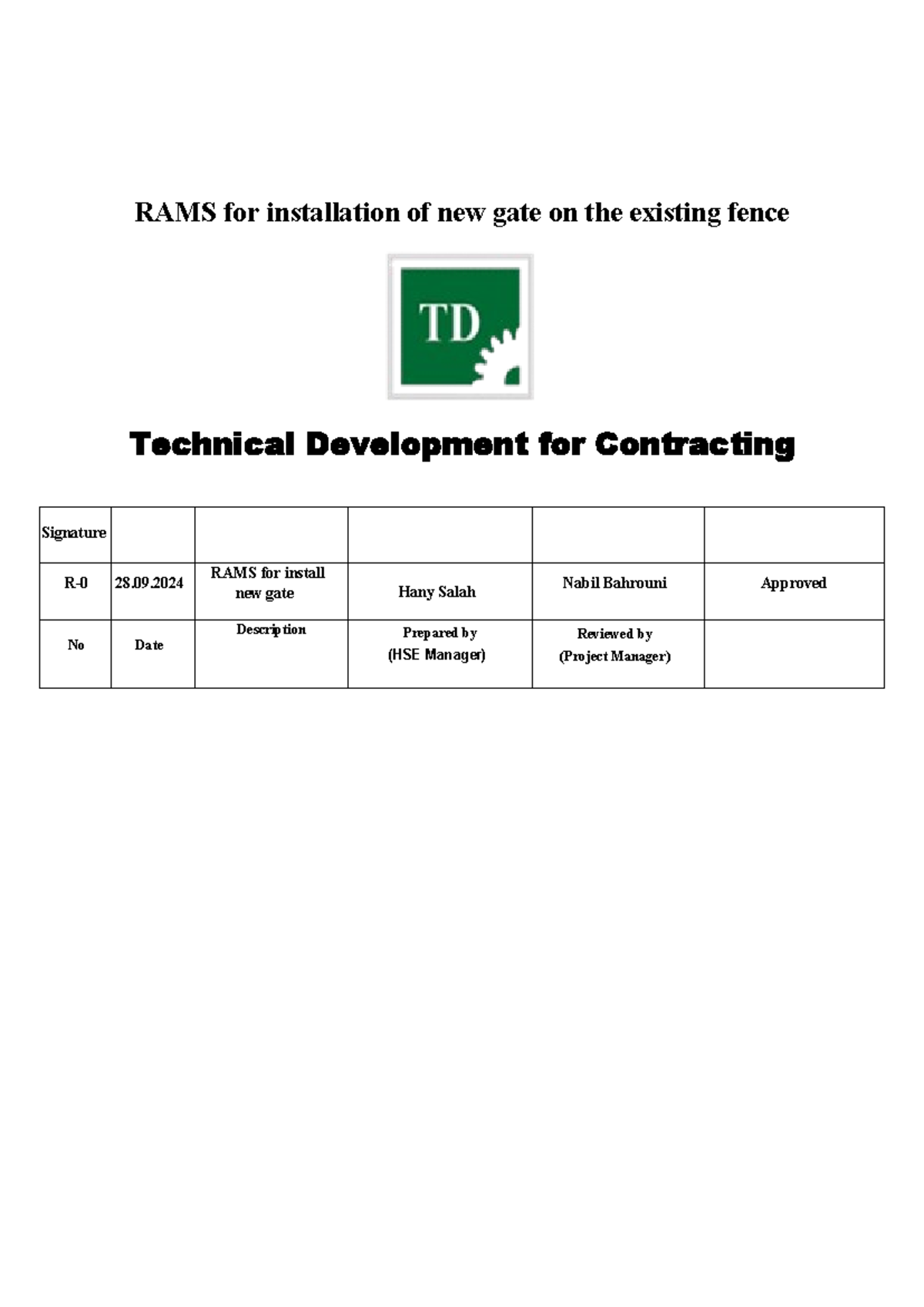 RAMS for Installation of New Gate on Airport Fence (HSE) - Studocu