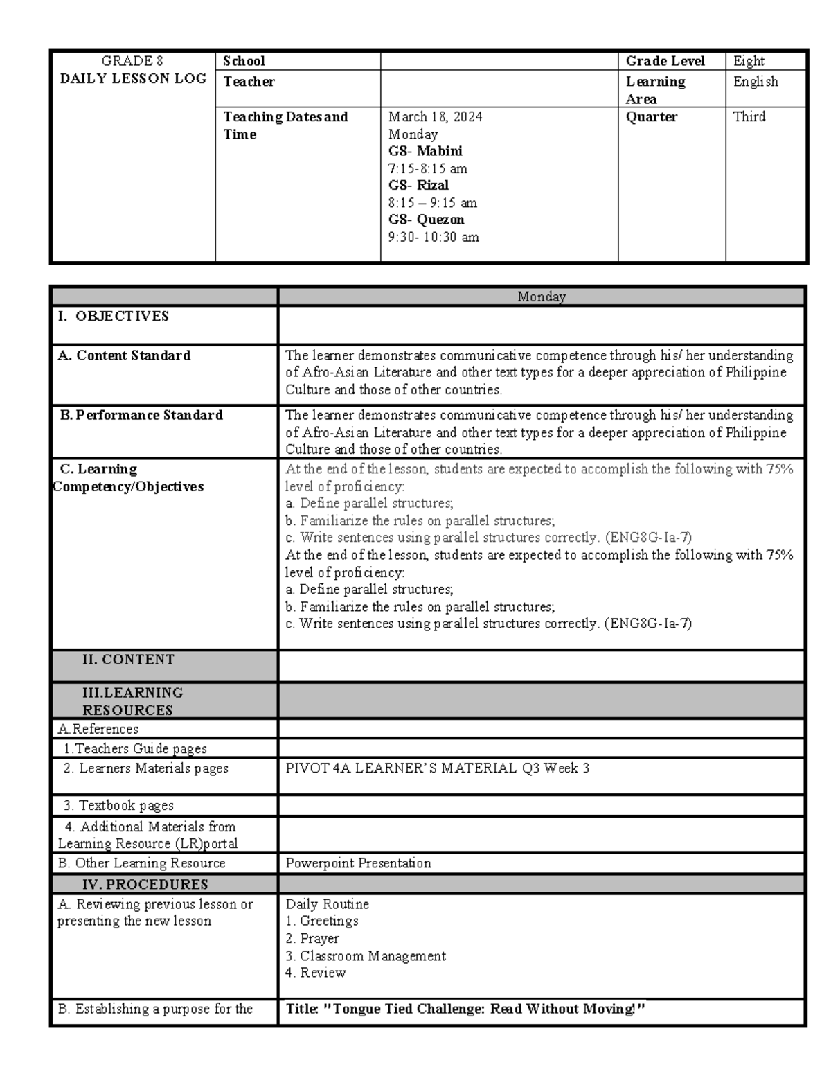 WEEK 8 LESSON LOG: Understanding Parallel Structures in English (ENG8G ...