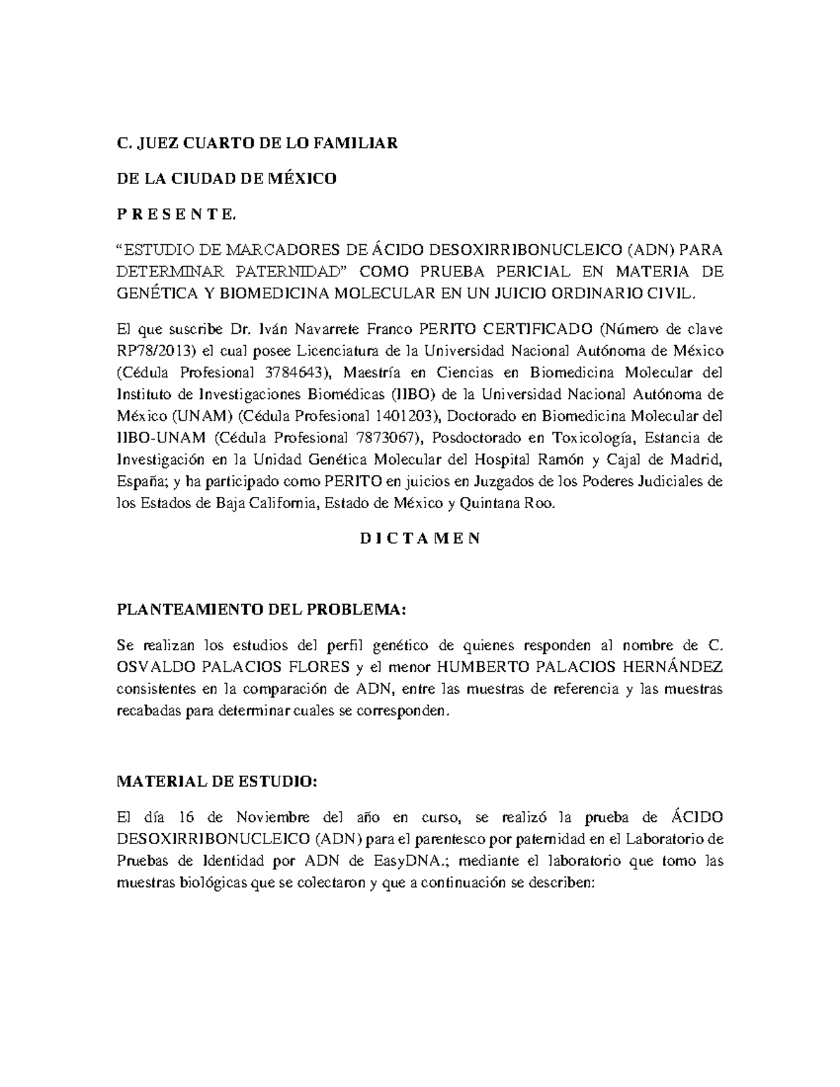Dictamen Pericial de Paternidad por ADN en Juicio Civil - Document Preview