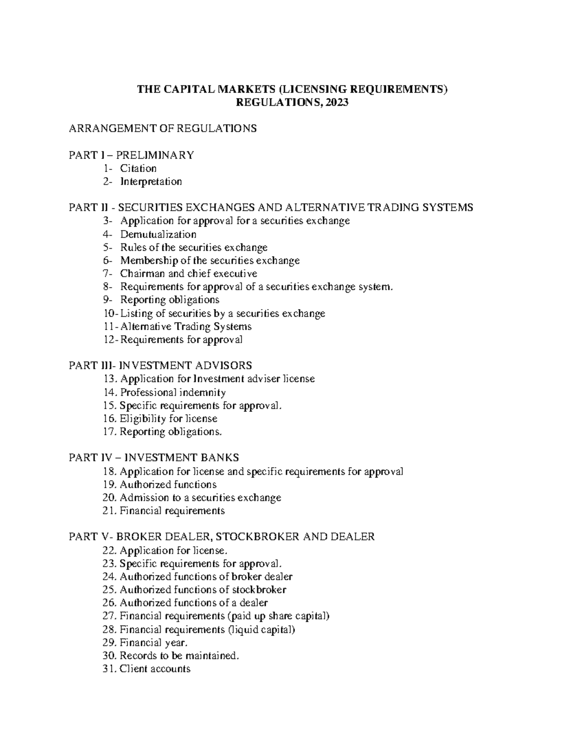 Draft Capital Markets Licensing Requirements Regulations 2023 (Cap. 485A) -  Studocu