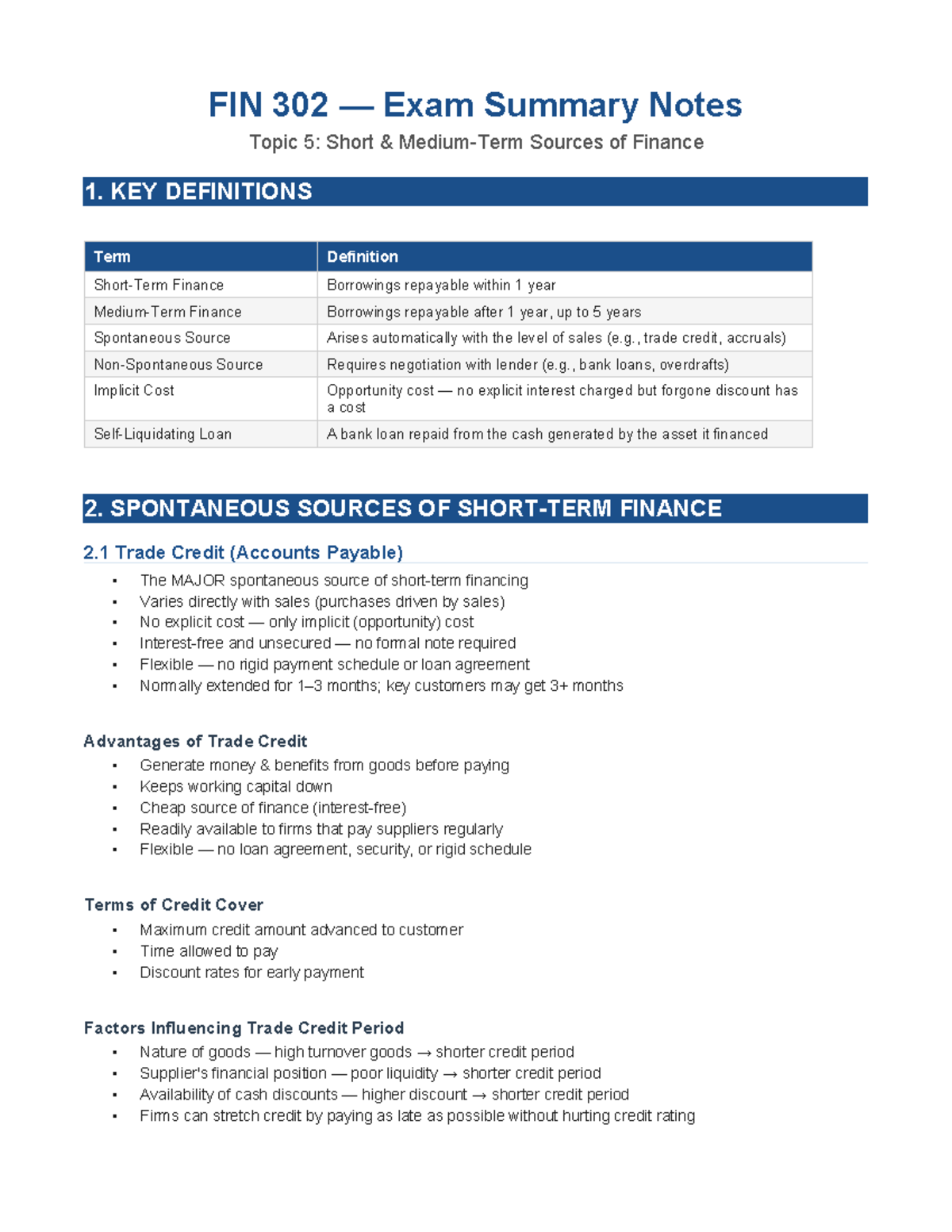 FIN 302 Exam Summary: Short Sources of Finance Notes - Studocu