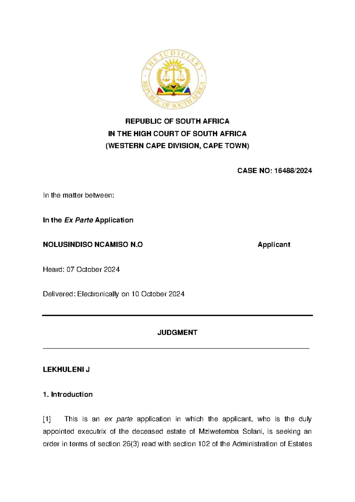 Ex Parte Application: Ncamiso N - High Court Case Analysis - Studocu