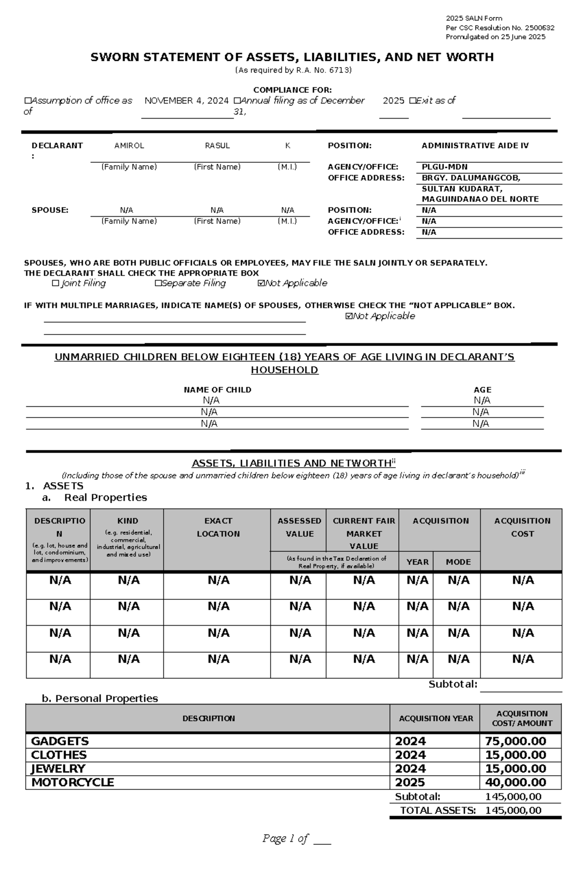 2025 SALN Form Compliance per CSC Res. No. 2500632 - Studocu