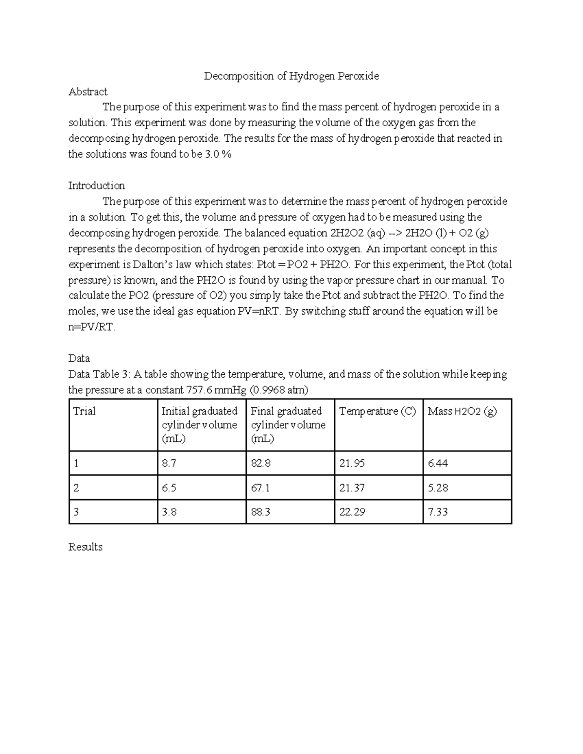CHEM 101 Final Lab Report: Decomposition of Hydrogen Peroxide Analysis ...