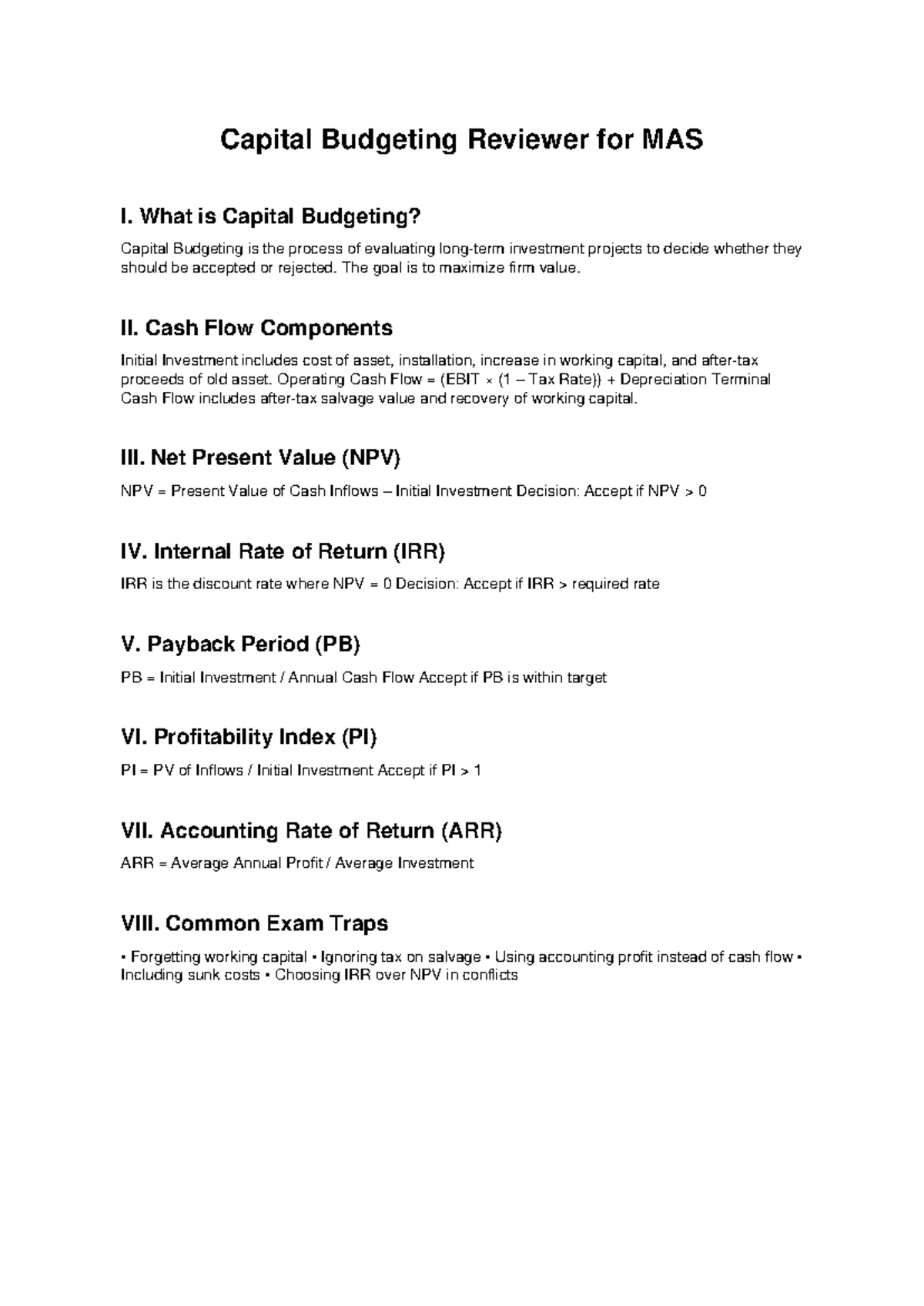 Capital Budgeting Review for MAS I: Key Concepts and Traps - Studocu