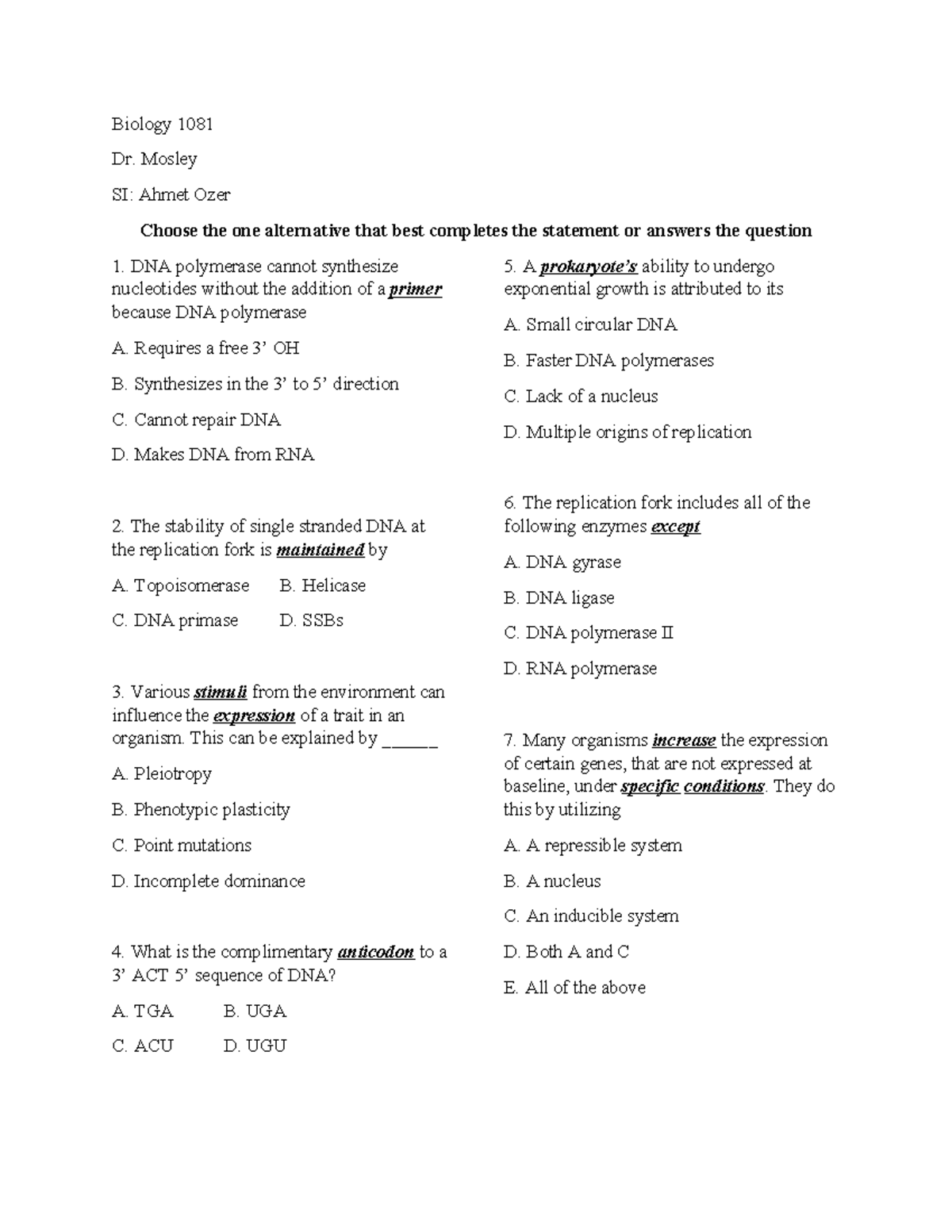 Biology 1081 Mock Exam 4 Study Guide - Studocu