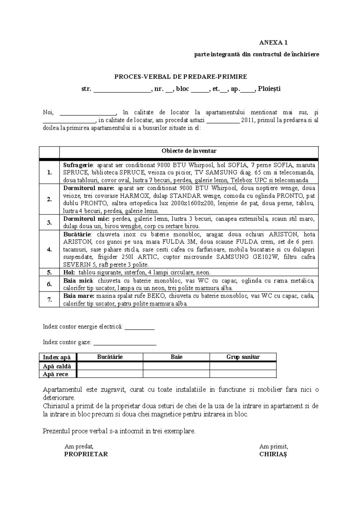 Proces Verbal Predare Primire Apartament - Contract Închiriere - Studocu