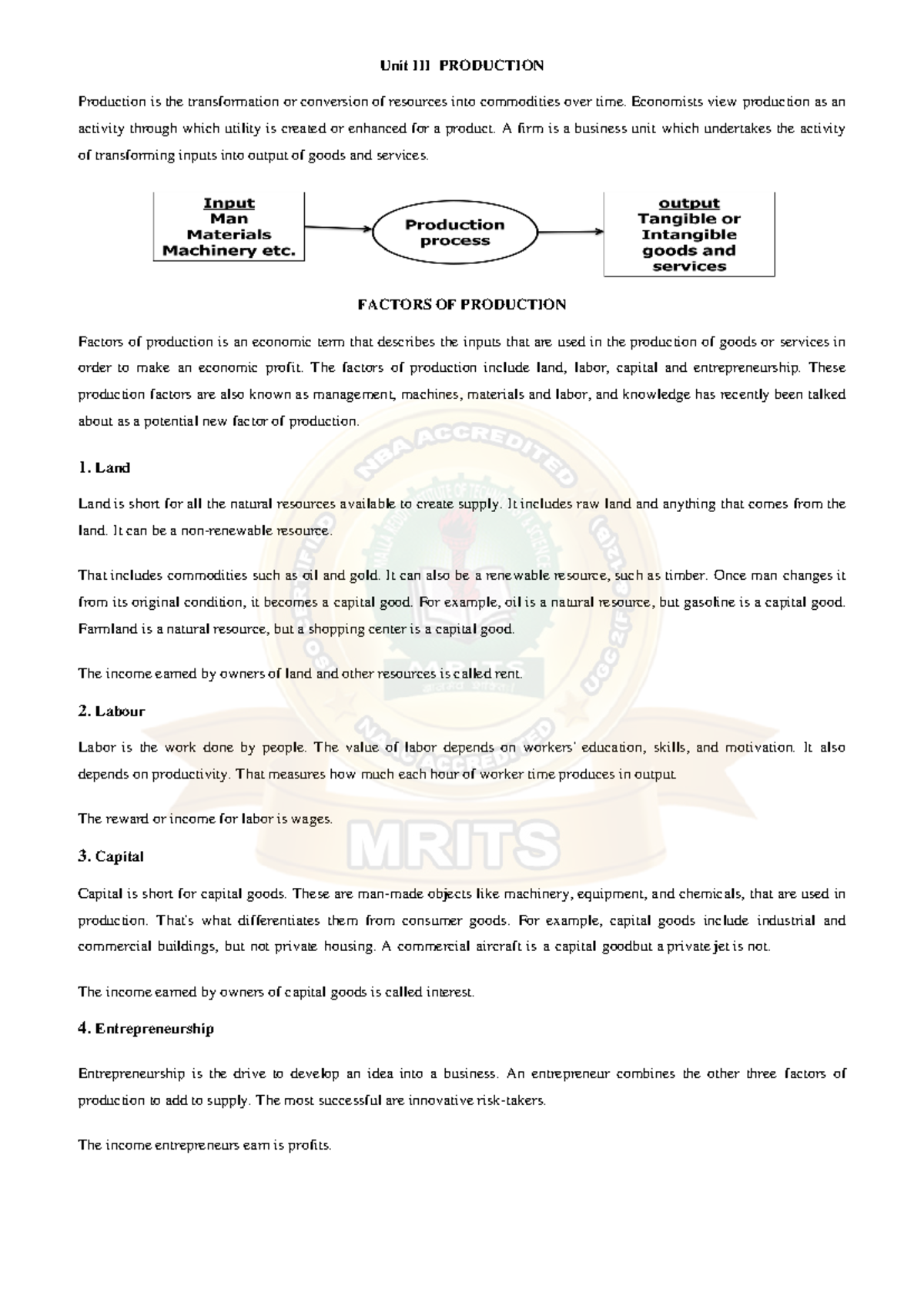 BEFA U3 - Unit 3 Production & Factors of Production Notes - Studocu