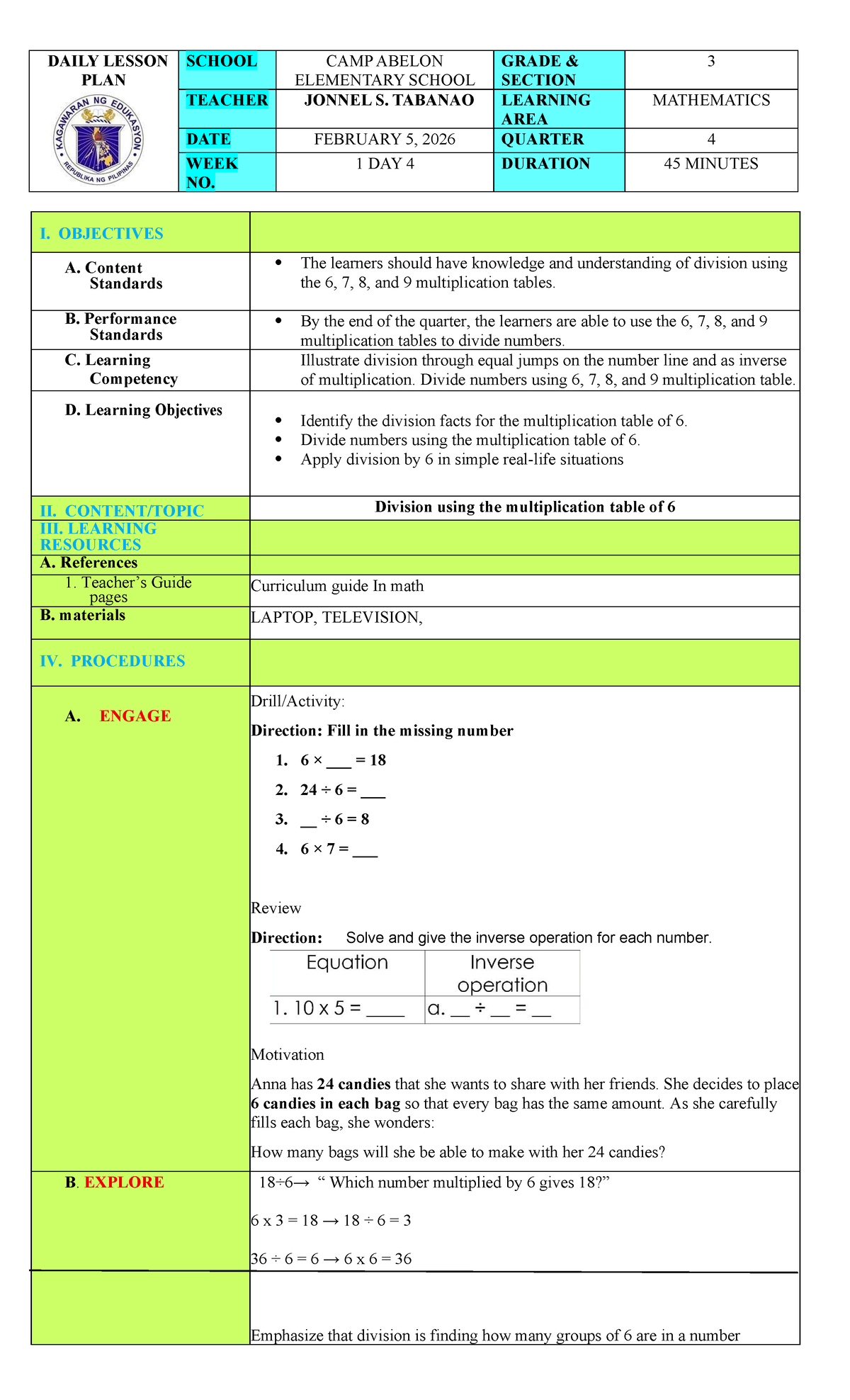 DAILY LESSON PLAN: MATH 5Es for GRADE 4 - WEEK 1, FEB 5, 2026 - Studocu
