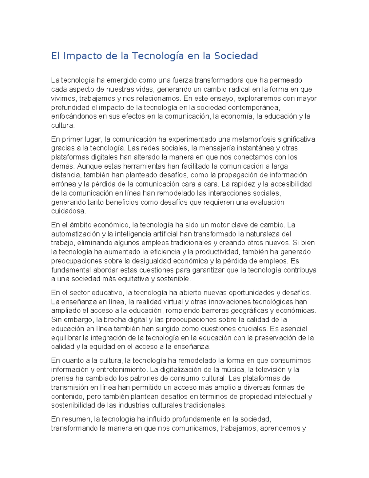 El Impacto de la Tecnología en la Sociedad - El Impacto de la ...