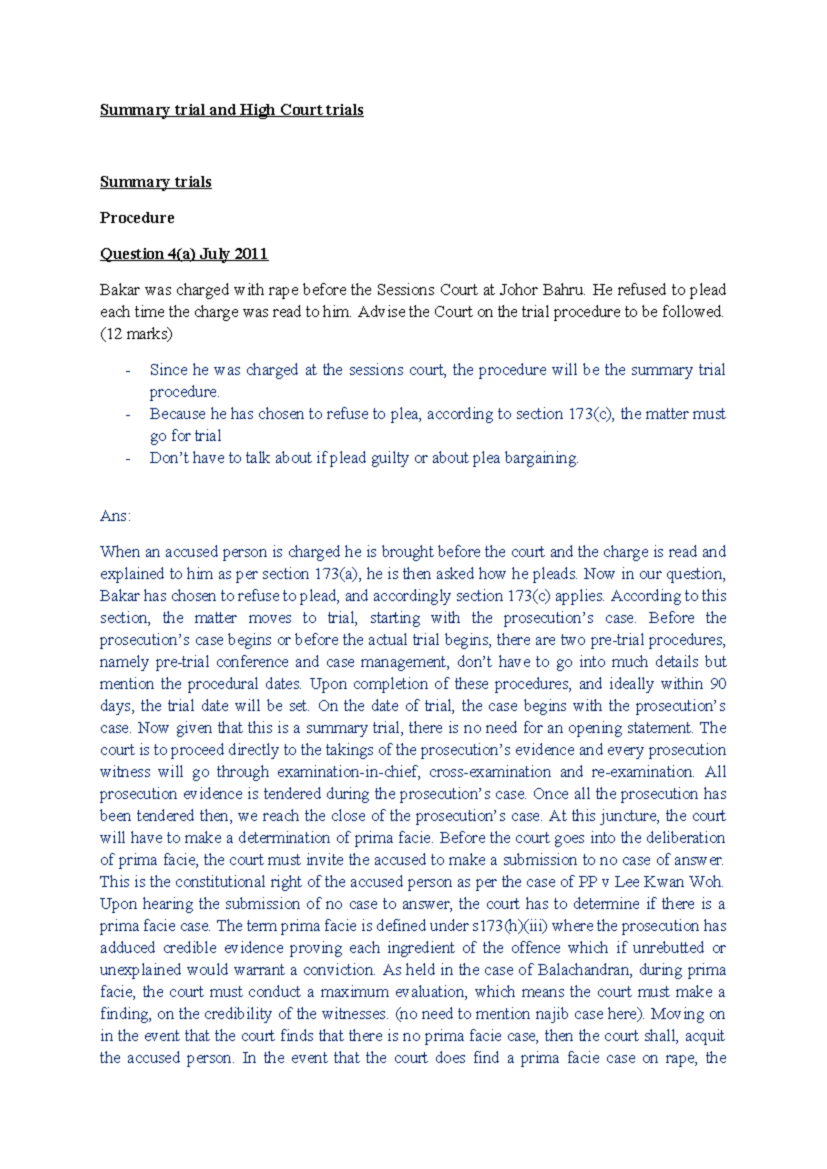 Summary Trial Procedures and Case Analysis - CPC Questions & Answers ...