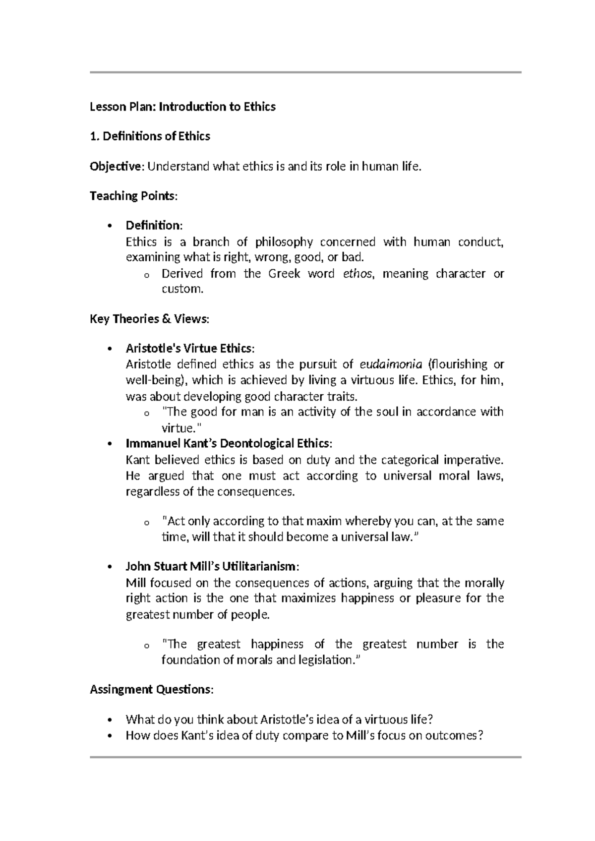 Ethics 1 - Lesson Plan on Moral Theories and Rights Understanding - Studocu