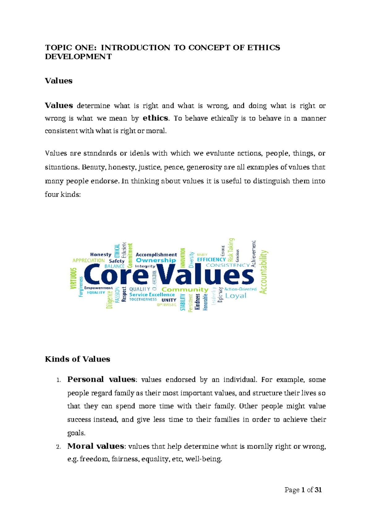 ETH 101: Introduction to Ethics Development and Values - Studocu
